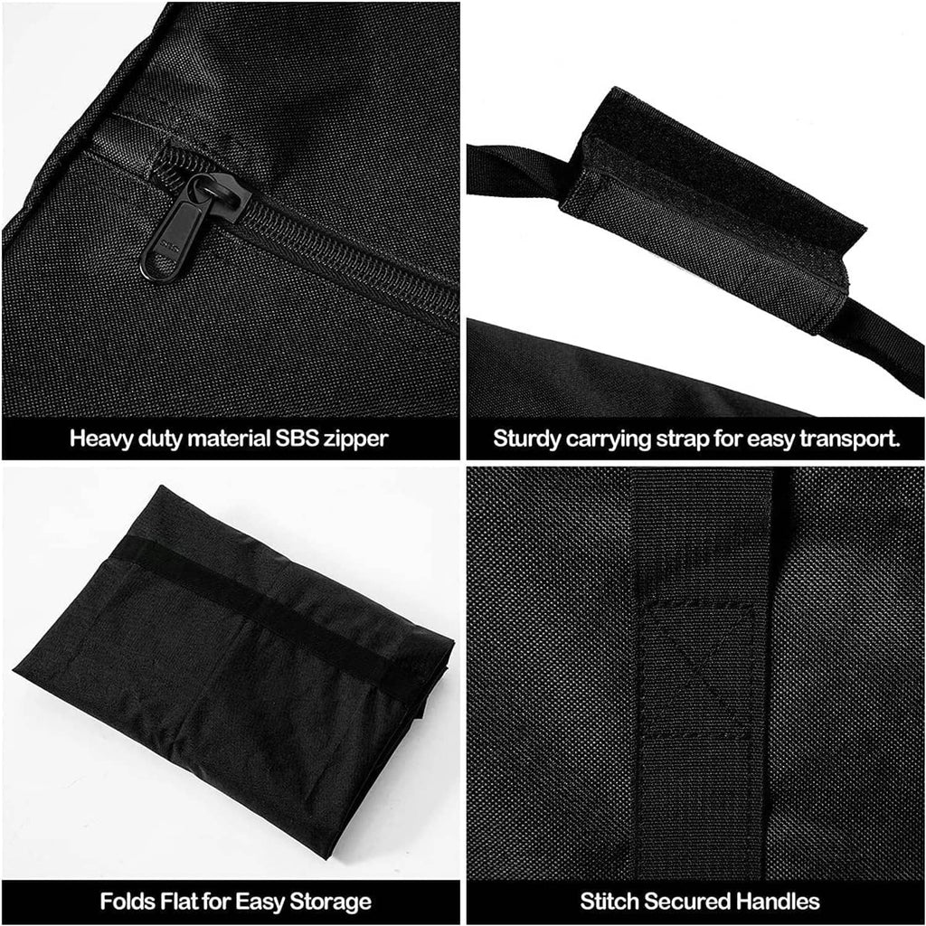 Black duffel bag close-up: heavy-duty SBS zipper and reinforced carrying handles
