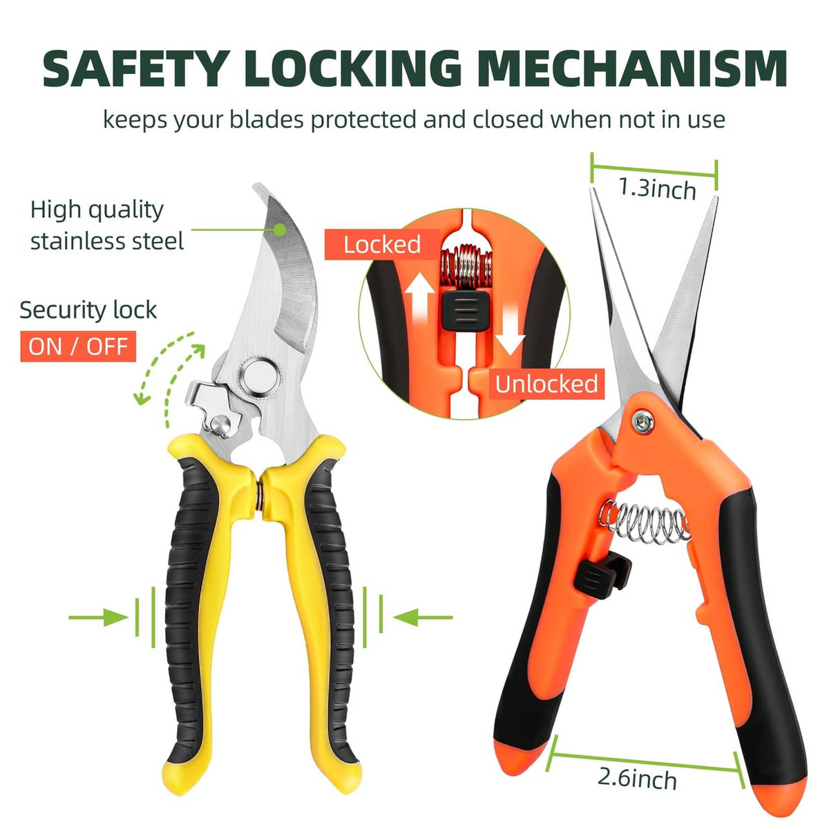 Pruning shears with safety lock feature; orange and yellow handles with spring tension