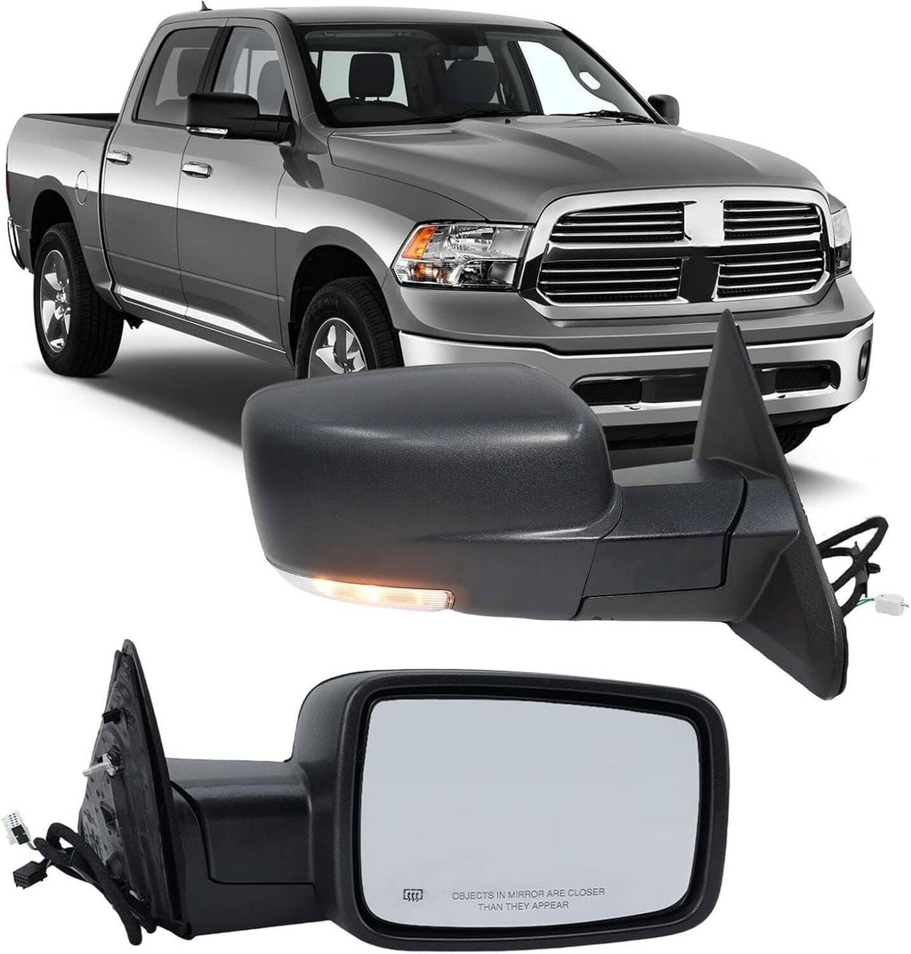 Black right side power folding mirror assembly with clear glass and amber indicator light