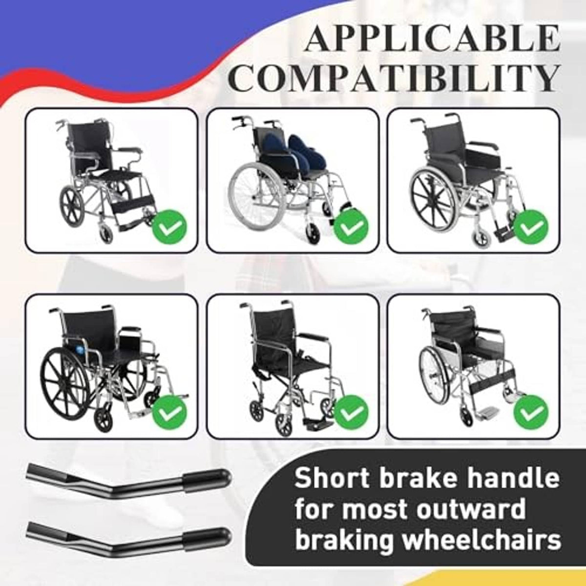 Two black wheelchair brake handle extender bars displayed on a compatibility graphic