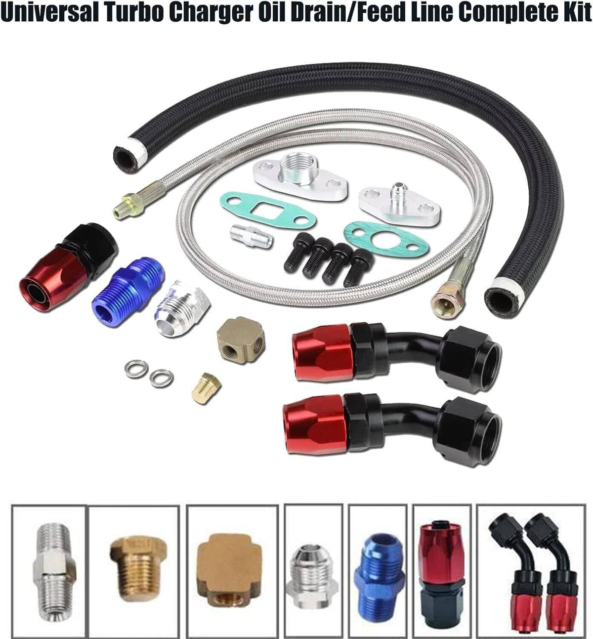 Universal turbocharger oil drain/feed line complete kit with braided lines and connectors