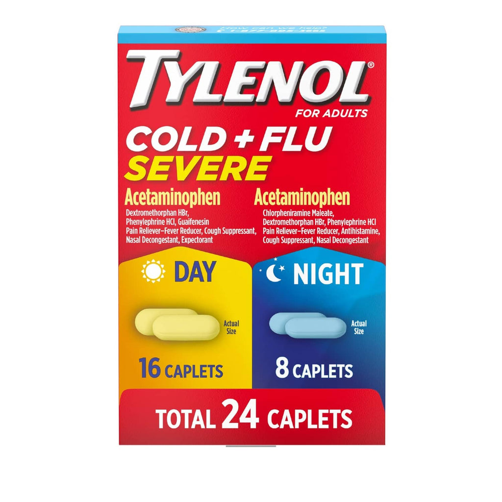 Tylenol Cold + Flu Severe caplets box showing yellow day and blue night, total 24.