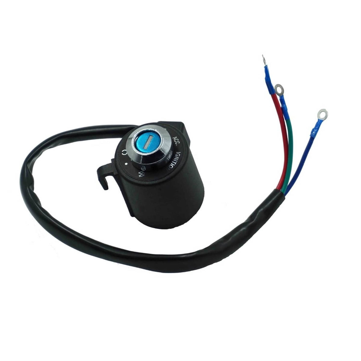 Ignition switch lock set with black housing, blue cylinder, and color-coded wire leads