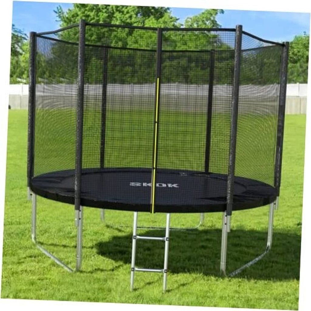 Kids trampoline with black safety net and round jumping mat on an outdoor frame