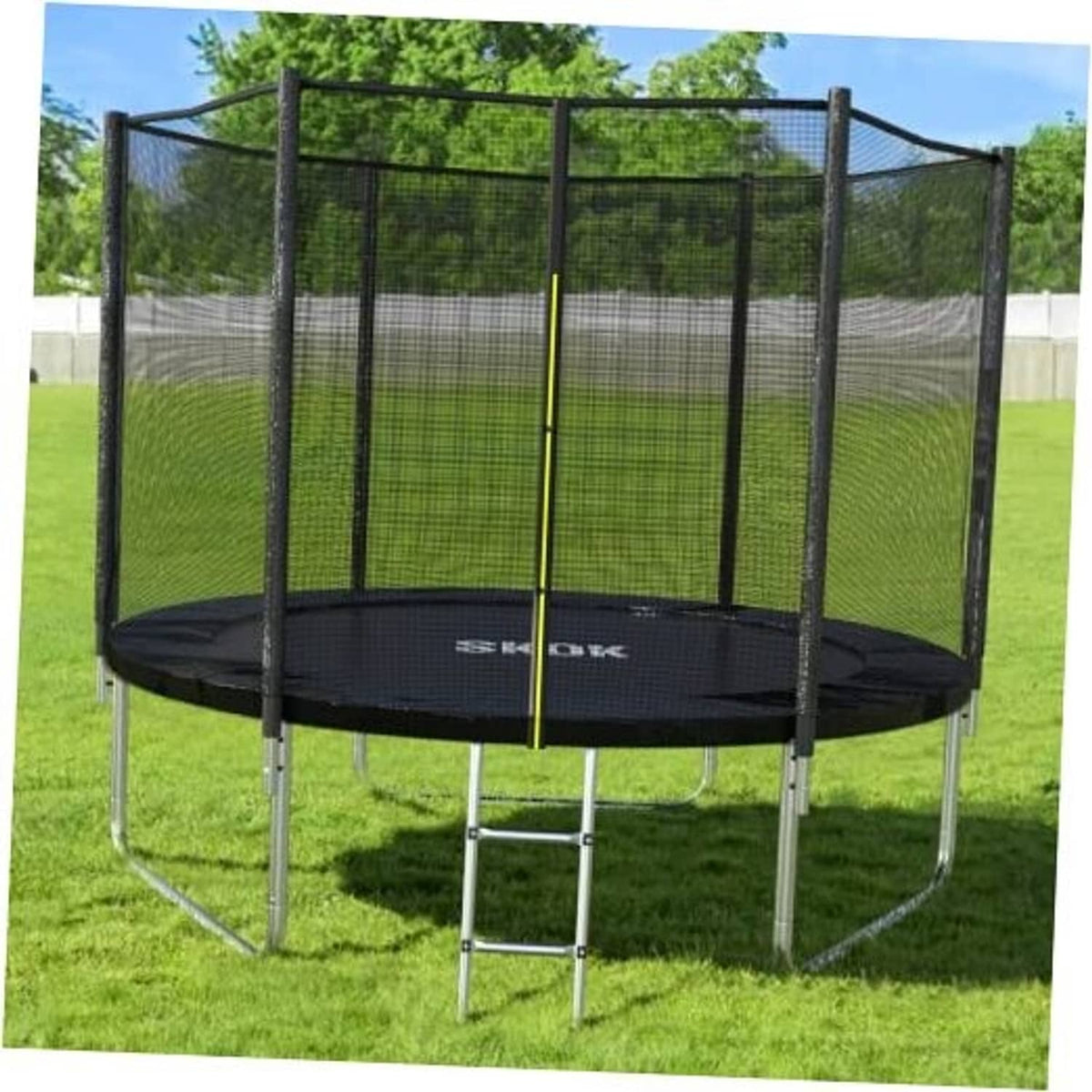 Kids trampoline with black safety net and round jumping mat on an outdoor frame