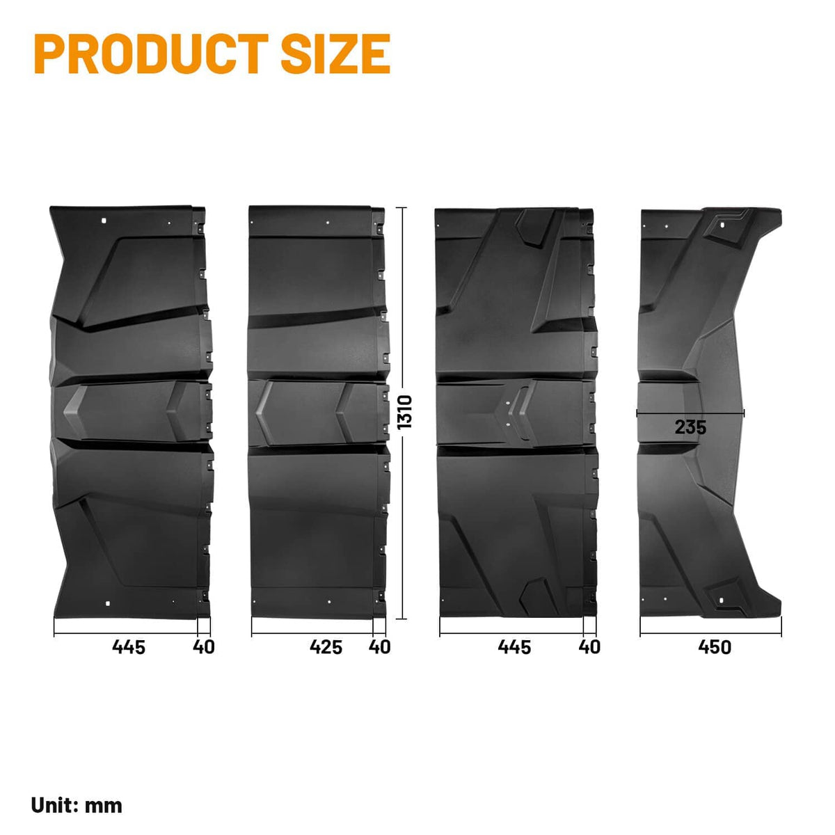 Black plastic roof panel dimensions diagram with front, side, and measurements in mm