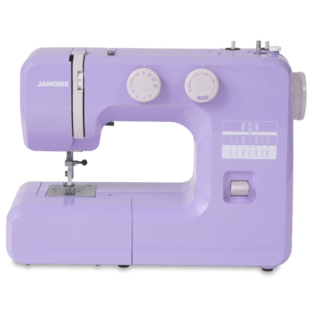 Purple Janome sewing machine with front control dials and needle area
