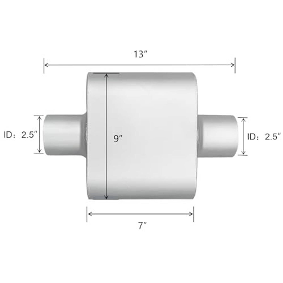 2.5-inch ID muffler dimensions: 13" length, 9" chamber, 7" width diagram