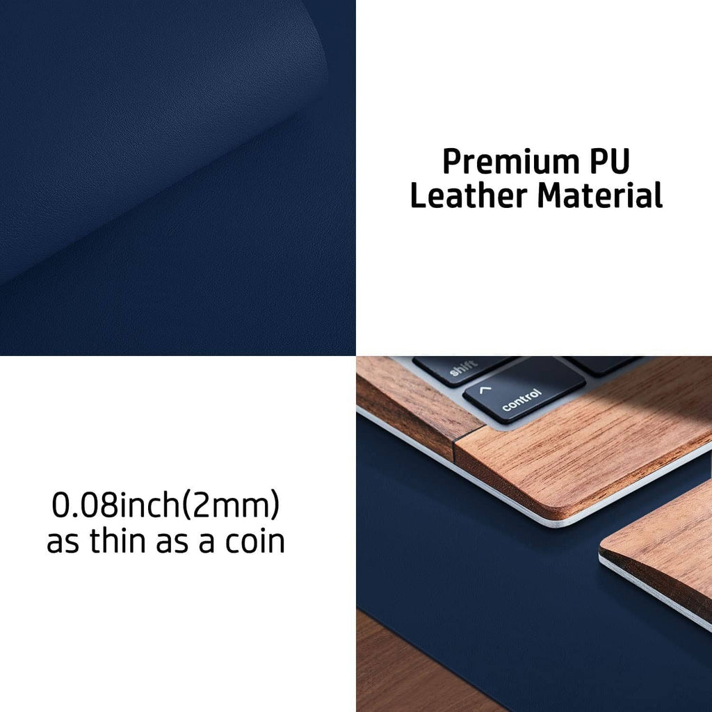 Dark blue PU leather desk pad protector with thin profile at the desk corner