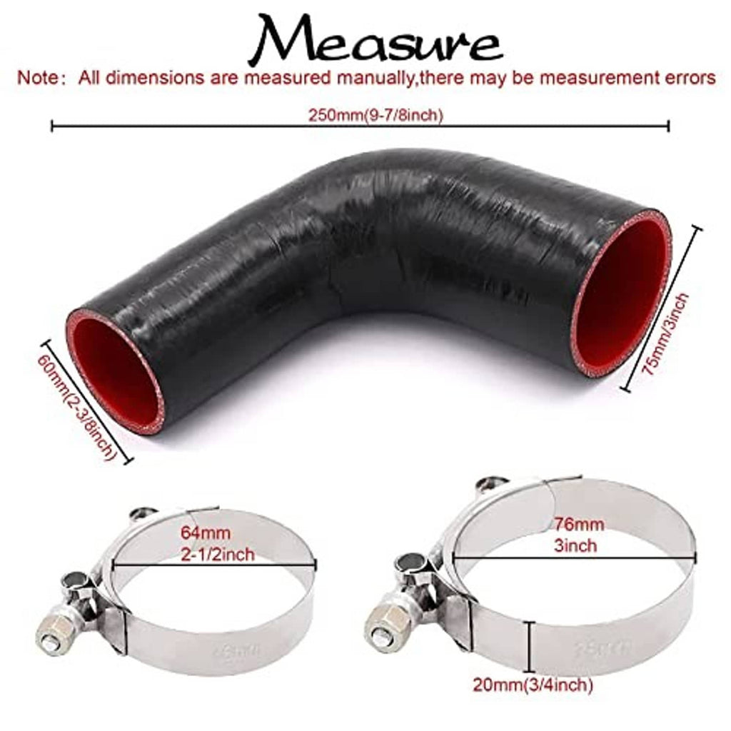 Black silicone 90-degree elbow hose coupler with red inner and two T-bolt clamp sets