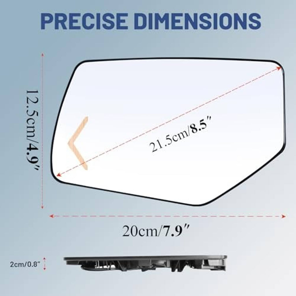 Driver side mirror glass replacement with precise size dimensions overlay