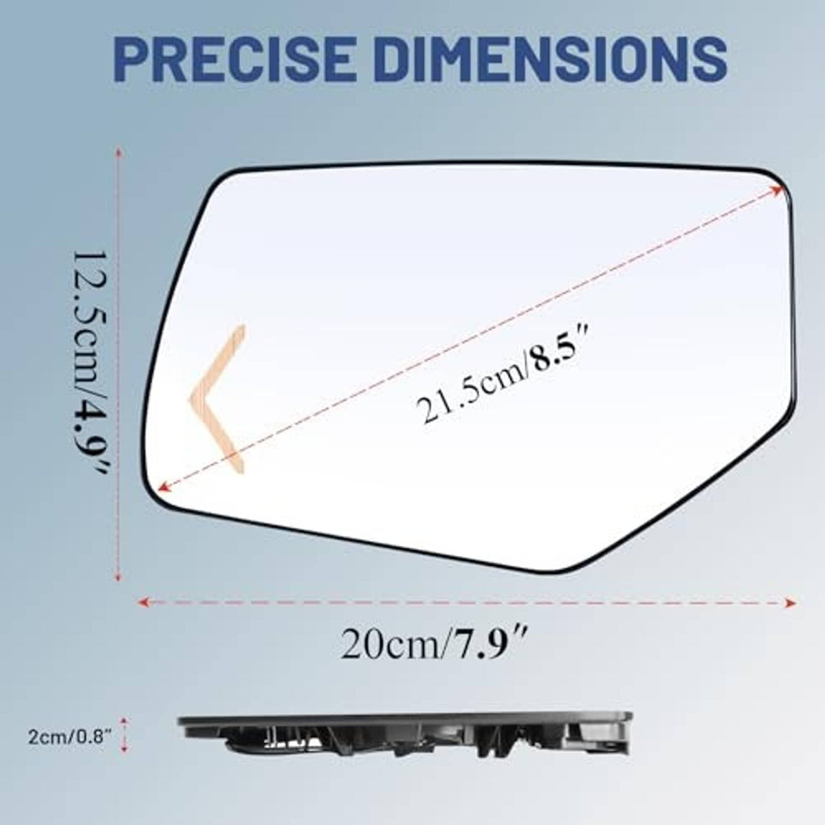 Driver side mirror glass replacement with precise size dimensions overlay