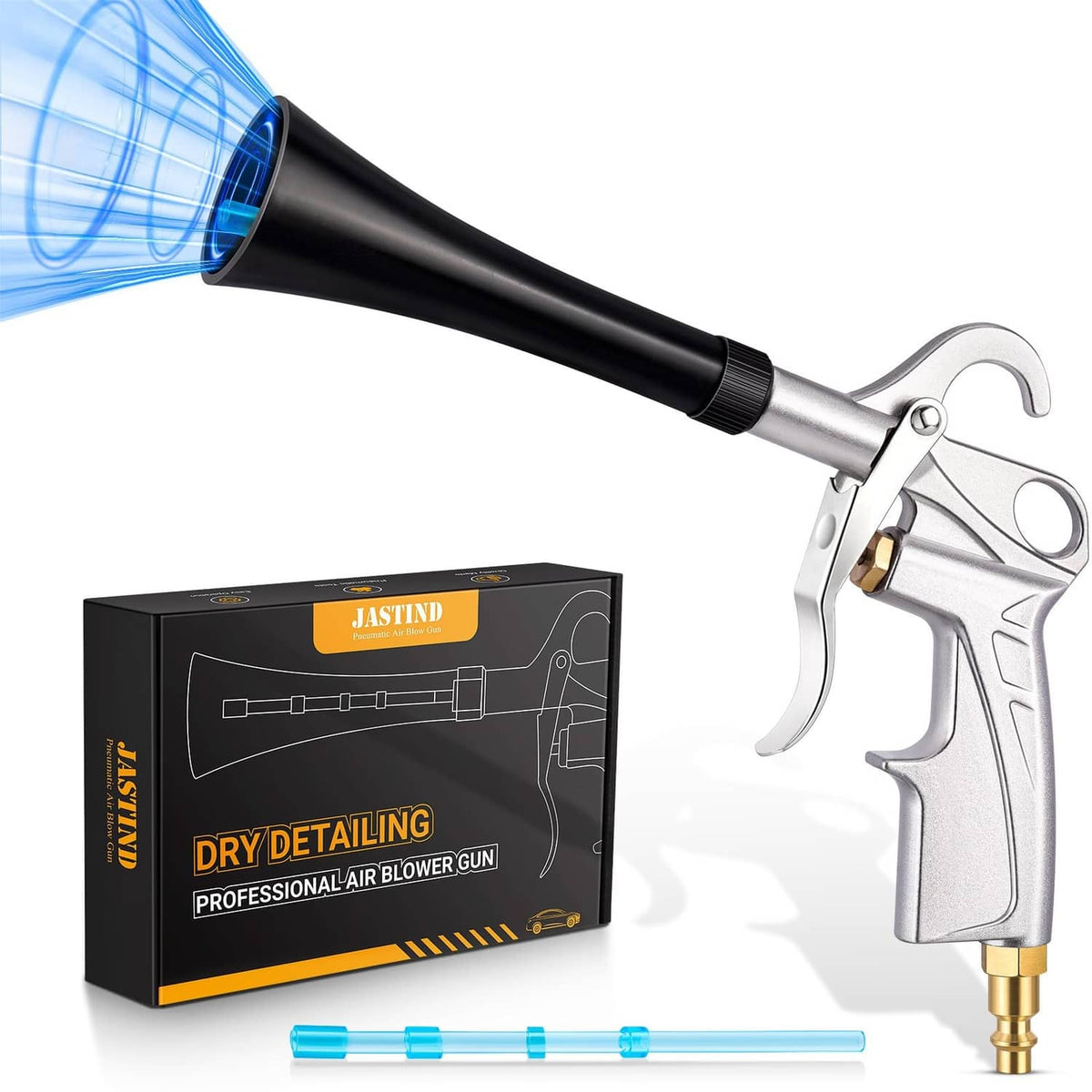 Car dry detailing air blower gun with black tube and silver trigger grip, brass nozzle end