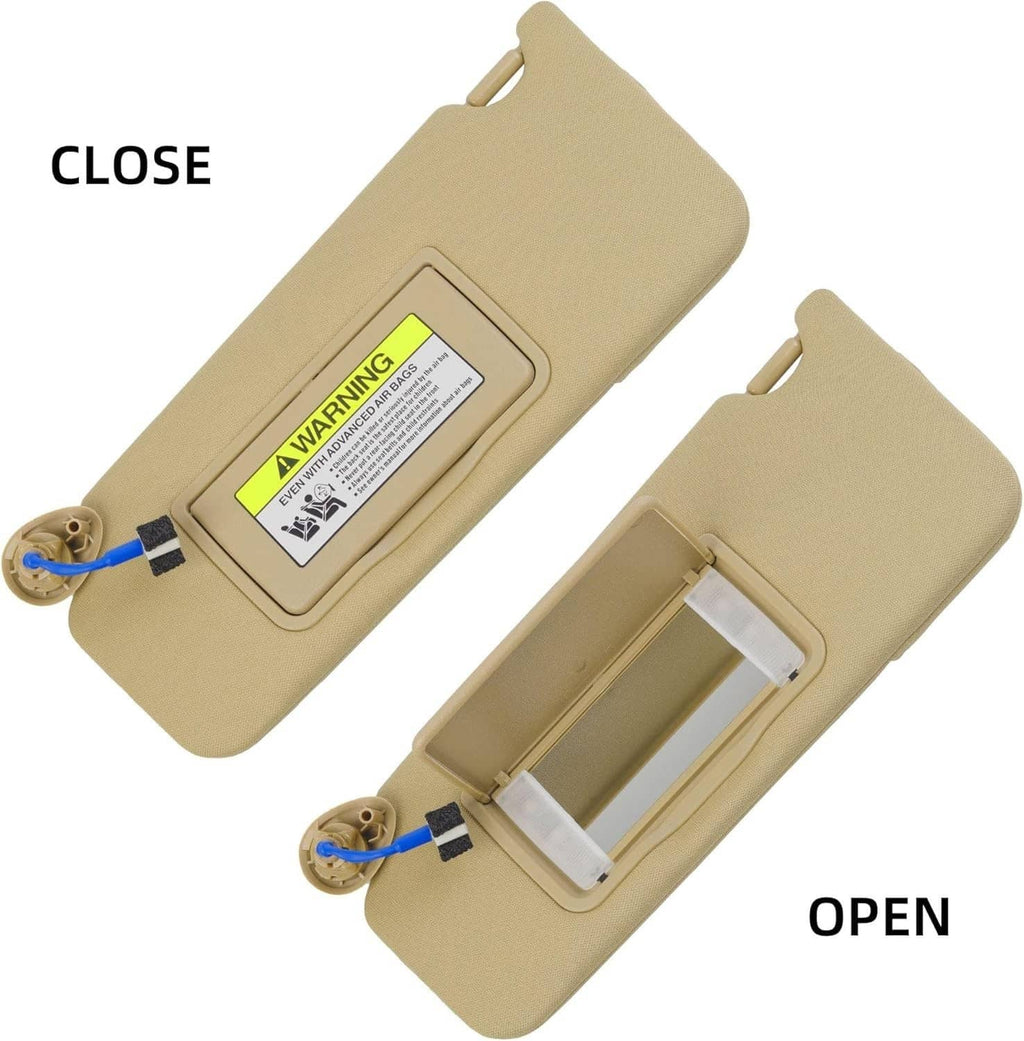 Beige left sun visor shown open and closed, with integrated light and mounting clips