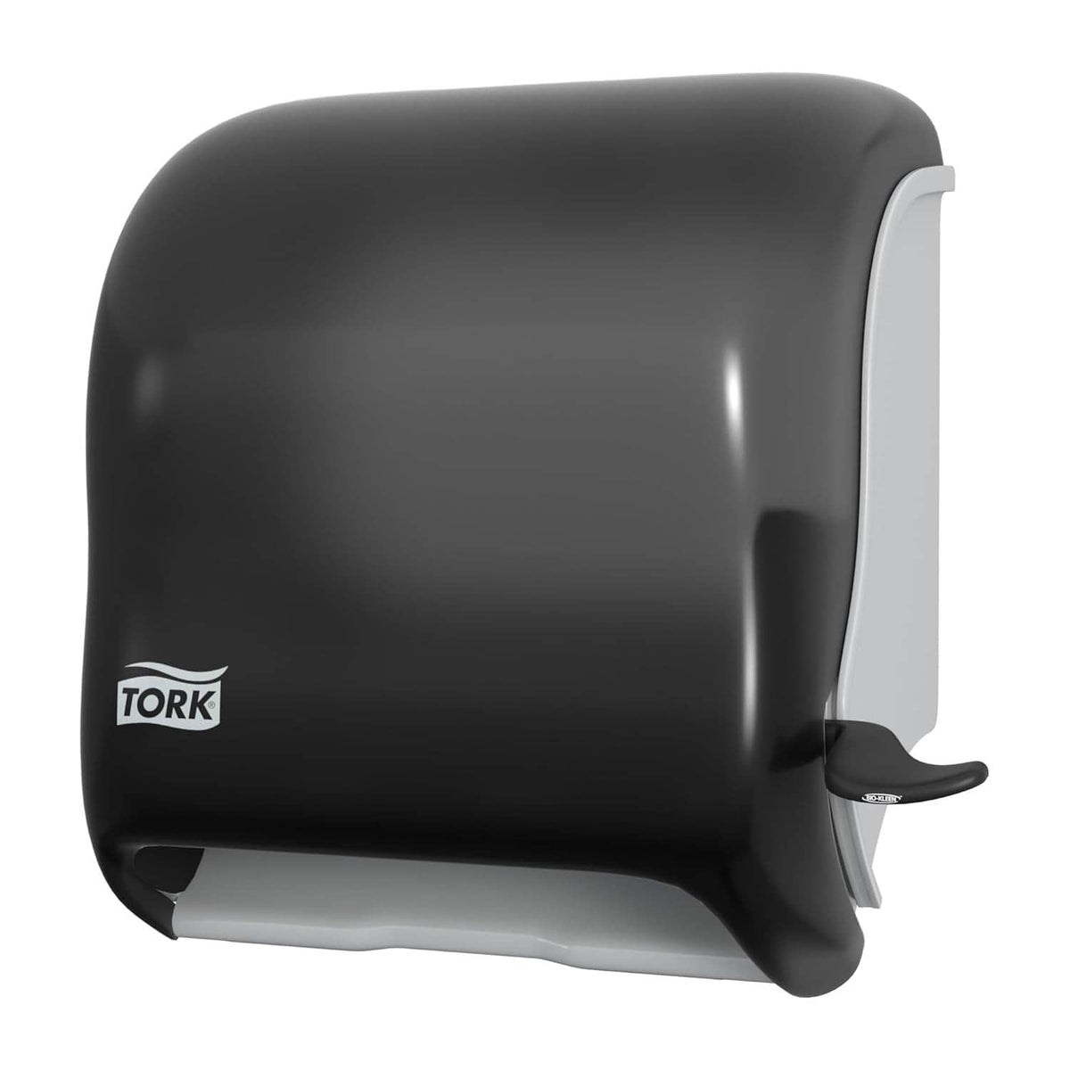 Black Tork paper towel roll dispenser, angled side view with front lever