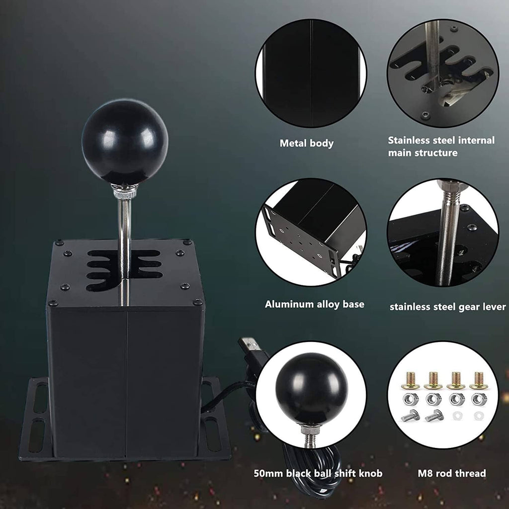 Black sim racing gear shifter with metal lever, round knob, and aluminum-style base