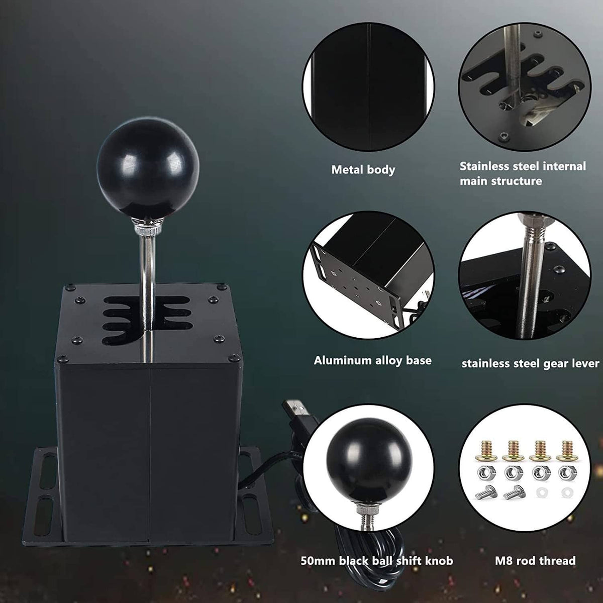 Black sim racing gear shifter with metal lever, round knob, and aluminum-style base