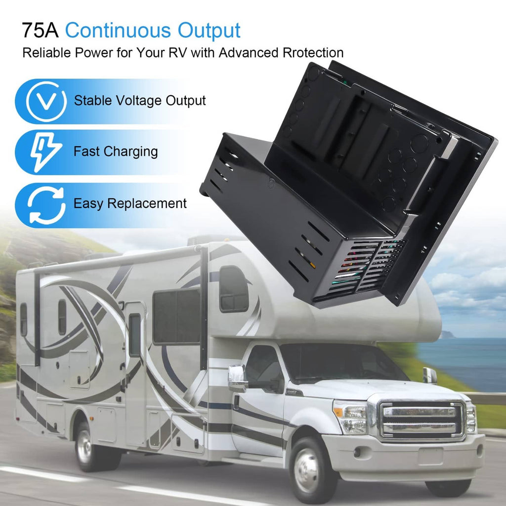 RV power converter with open cover and ventilation grille, black housing
