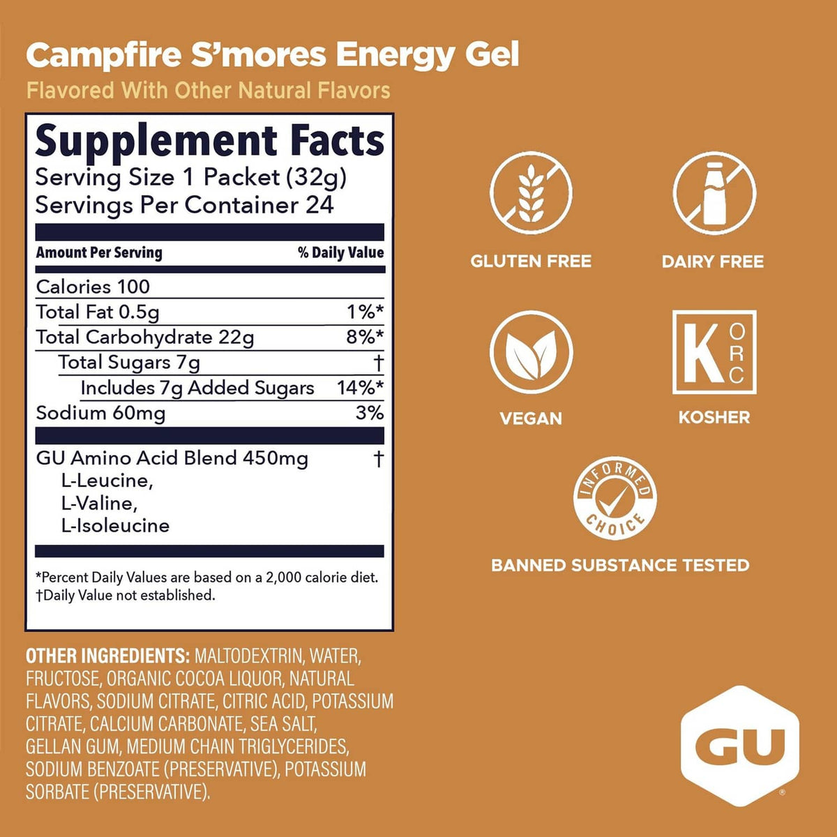 GU Energy gel Supplement Facts nutrition panel with serving size and ingredient list