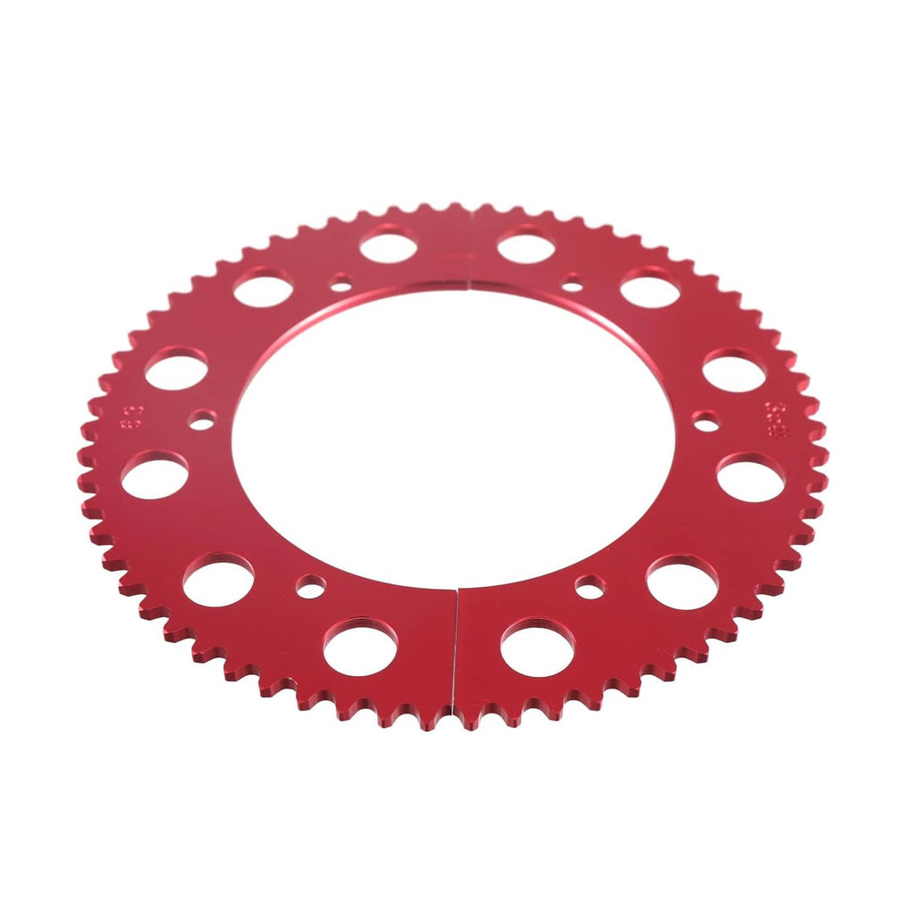 Red 63T chain sprocket with round mounting holes and split segment