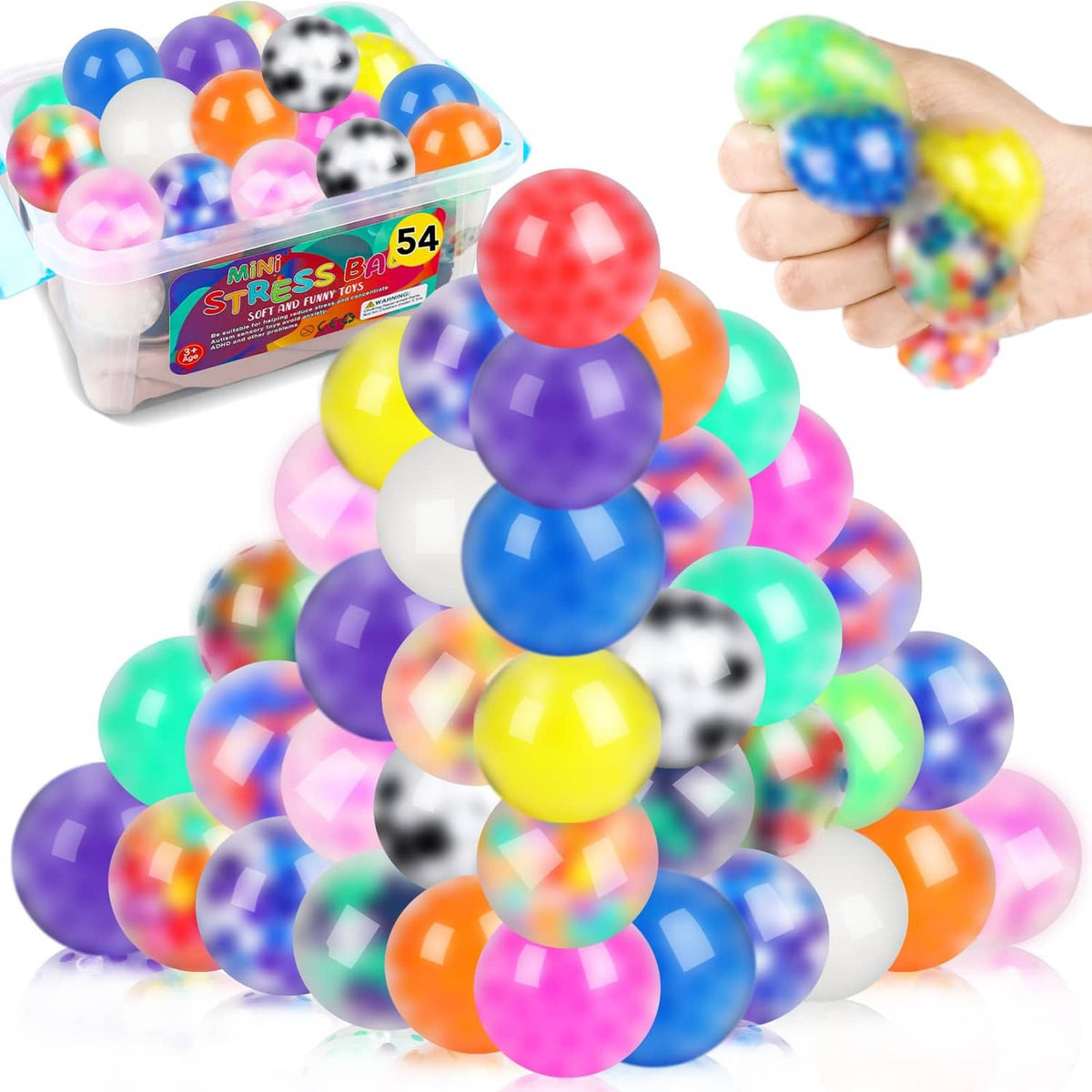Assorted mini squishy stress balls in bright colors, piled together