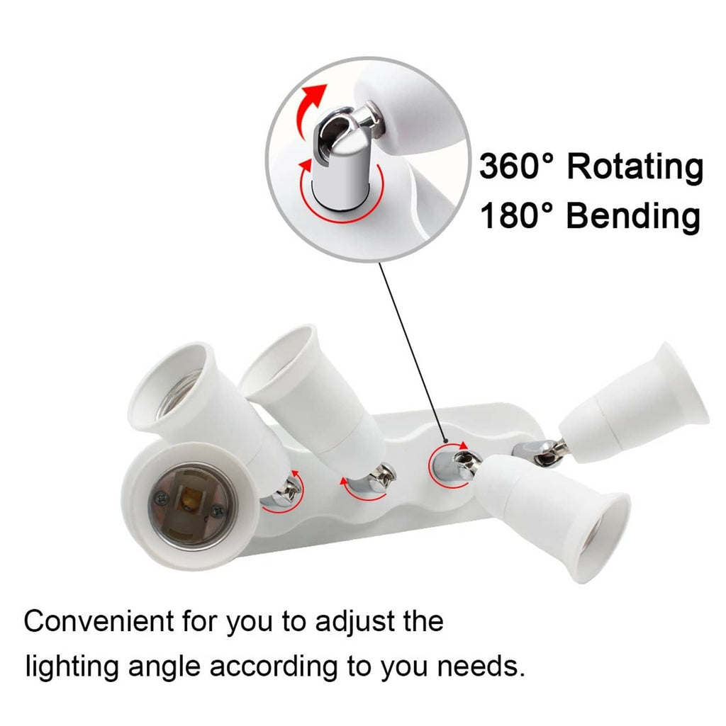White 5-way E26 socket splitter with rotating and bendable lamp heads