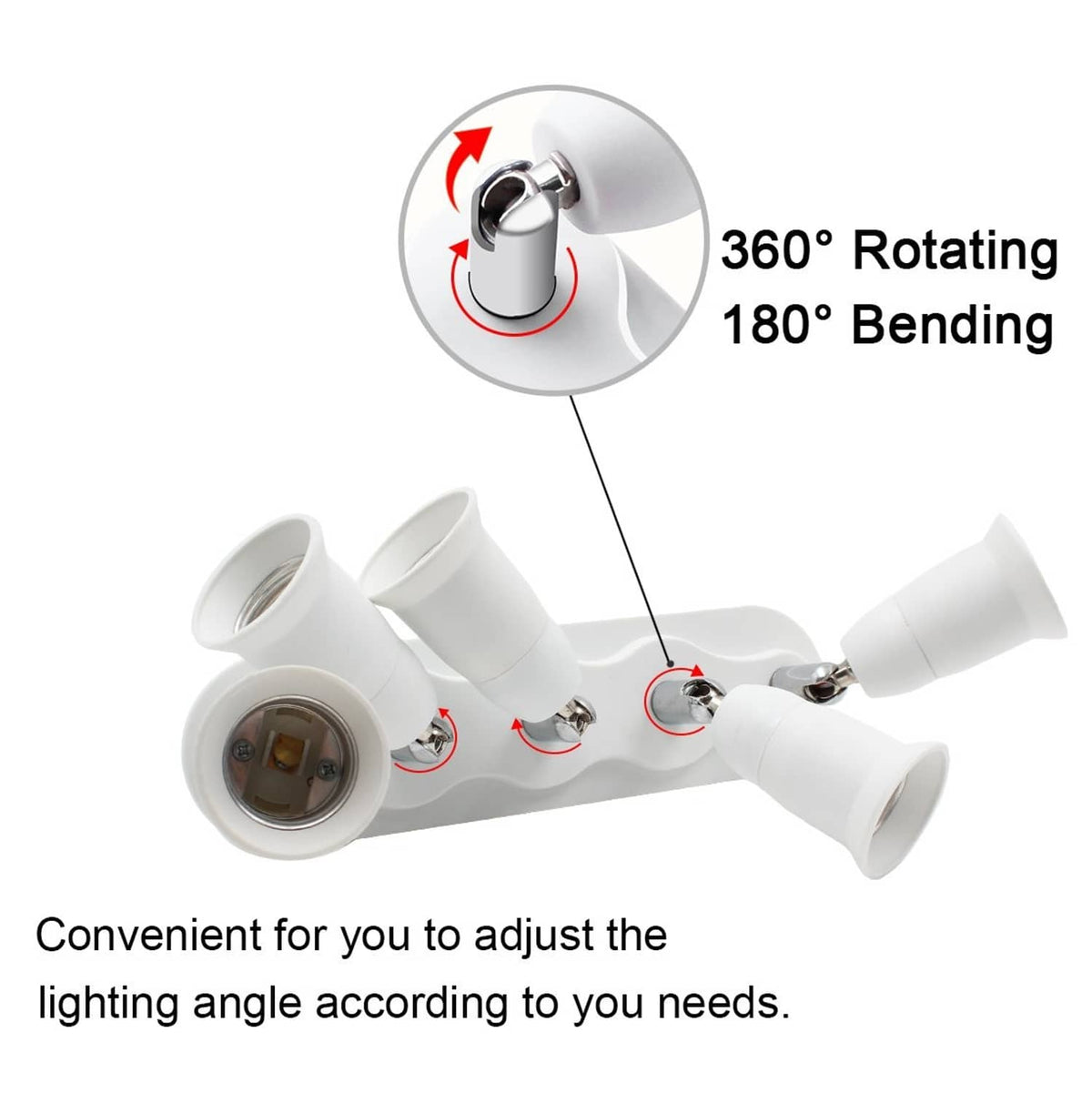 White 5-way E26 socket splitter with rotating and bendable lamp heads