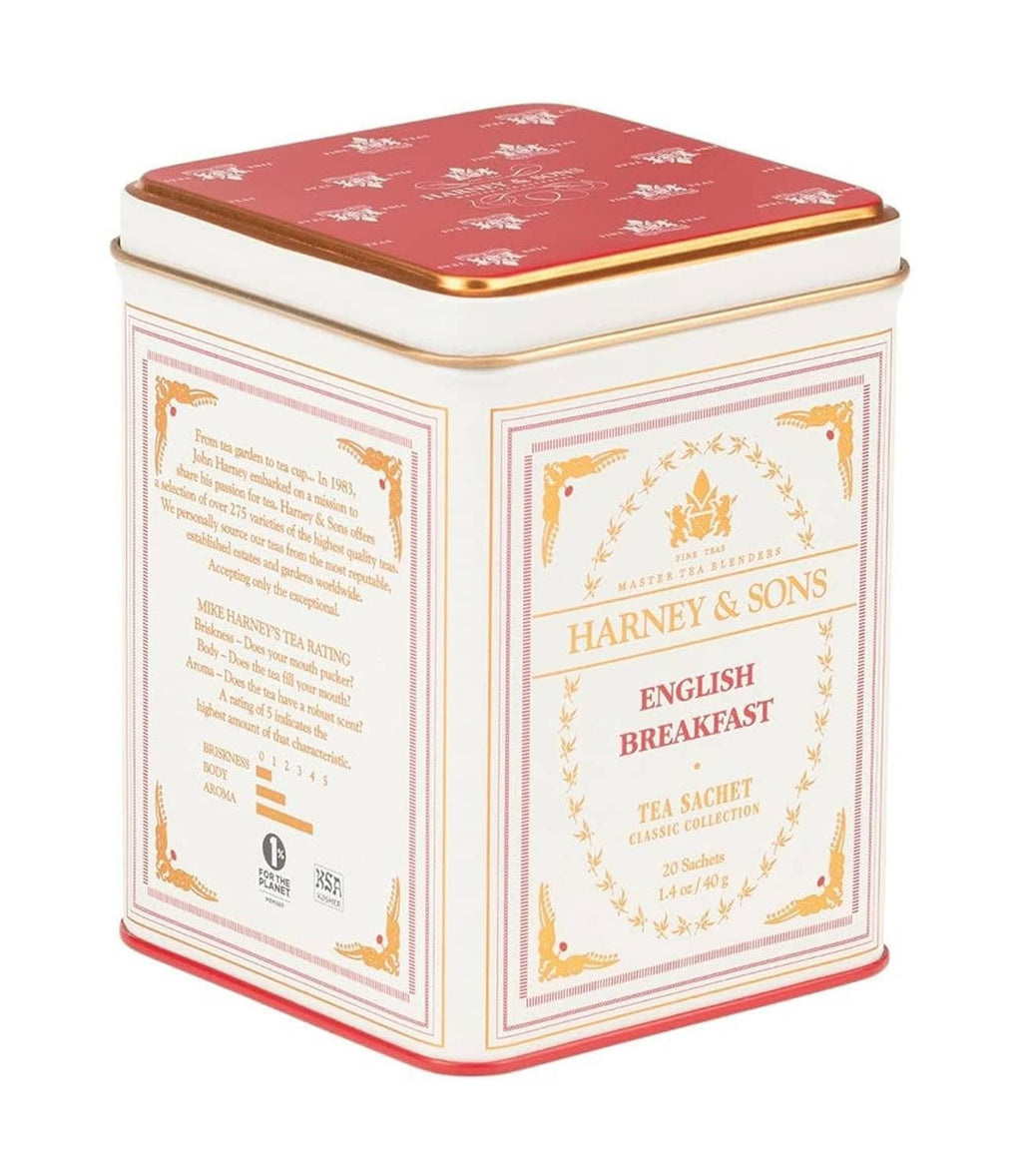 English Breakfast black tea tin, white and red decorative container with gold trim