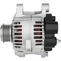 Silver alternator with vented housing and black electrical connectors, front view