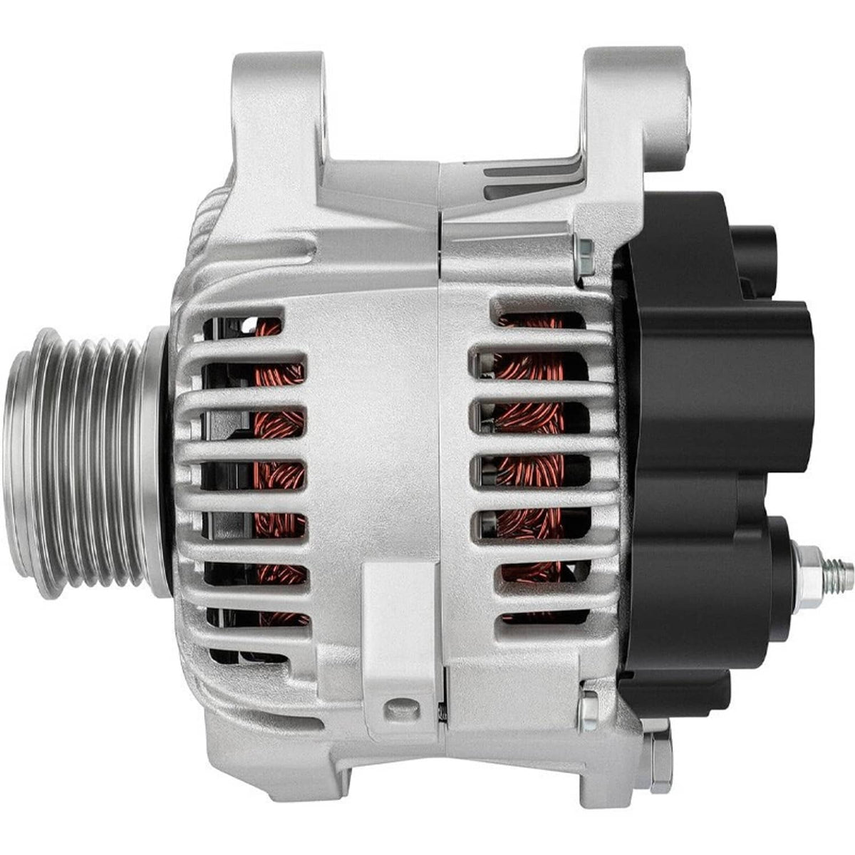 Silver alternator with vented housing and black electrical connectors, front view