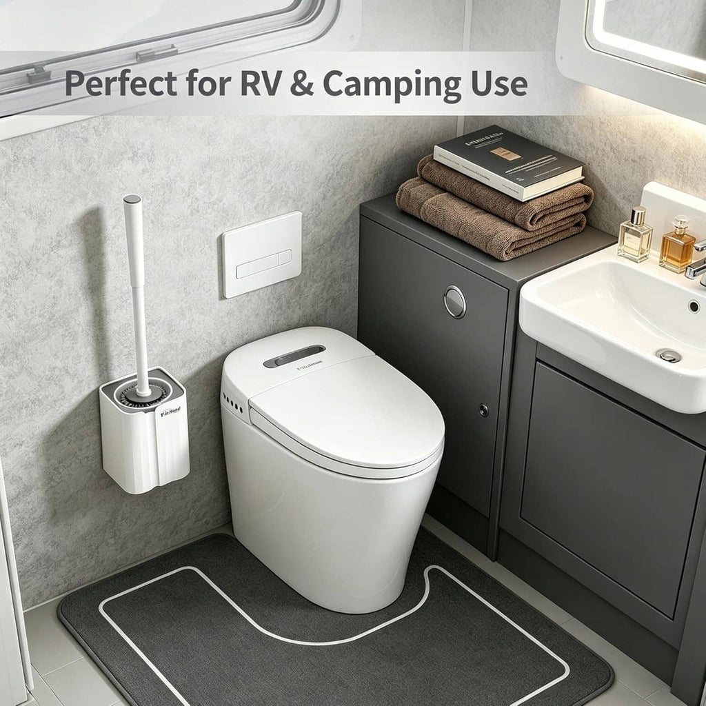 White toilet brush and holder set for RV or camping next to a toilet