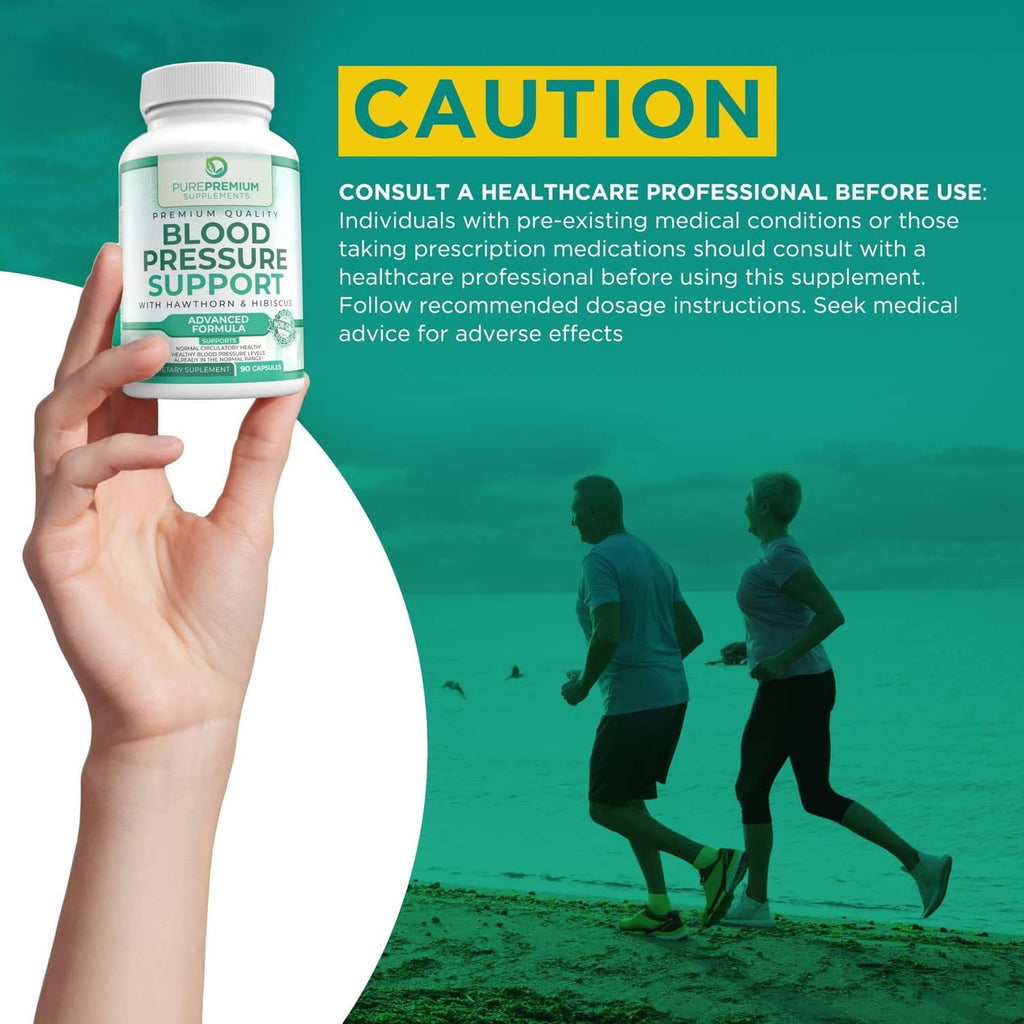 Blood pressure support supplement bottle held in hand with caution information