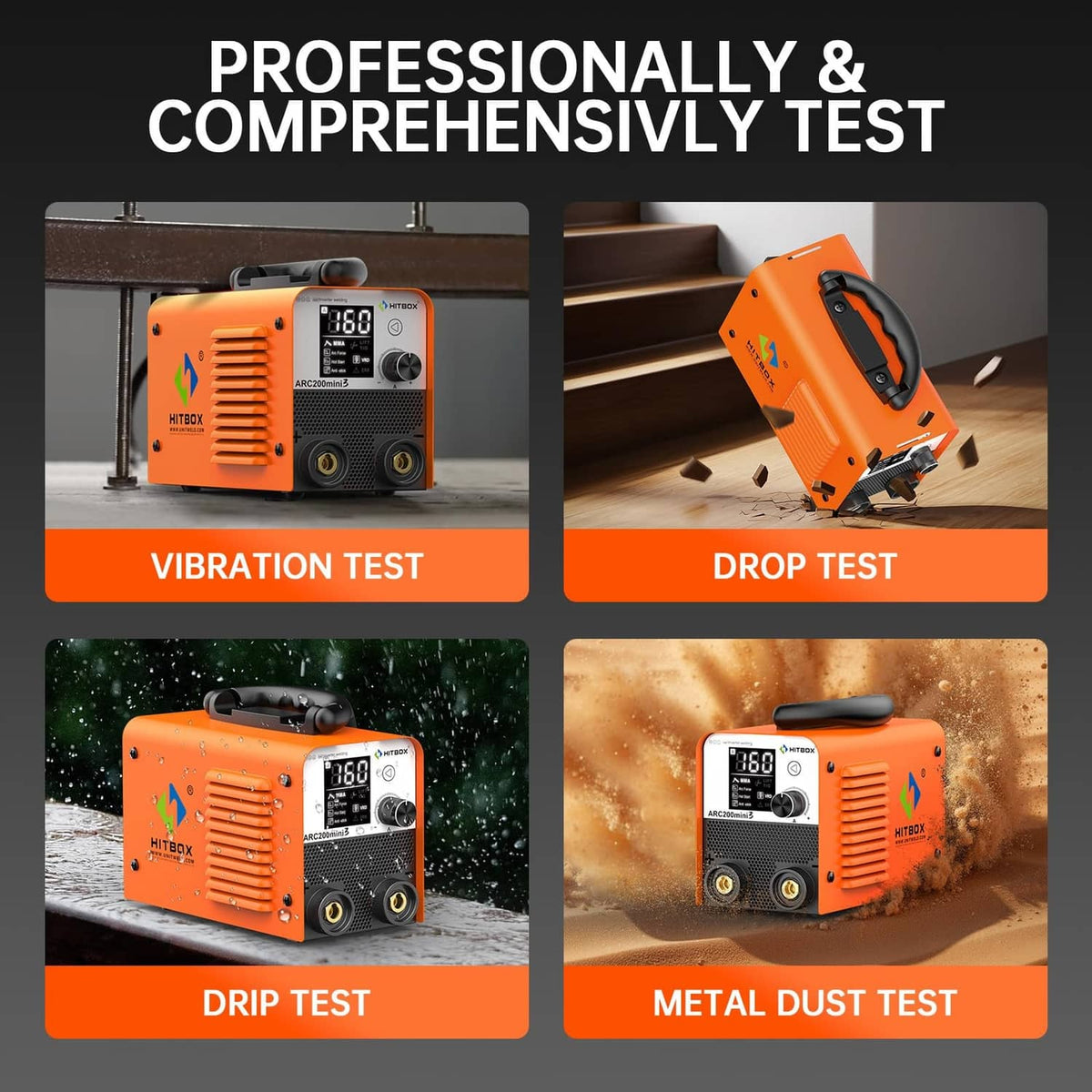 HITBOX orange stick welder with digital display, shown across vibration and drop test panels.