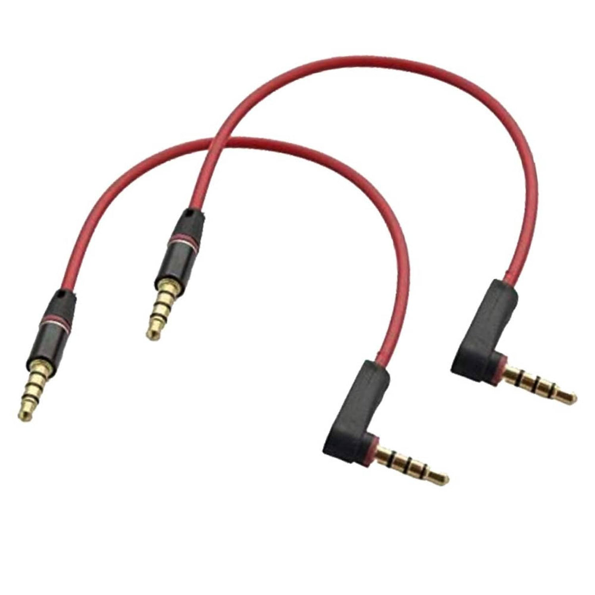 Red audio aux cable with two angled TRRS 3.5mm male ends and gold connector tips