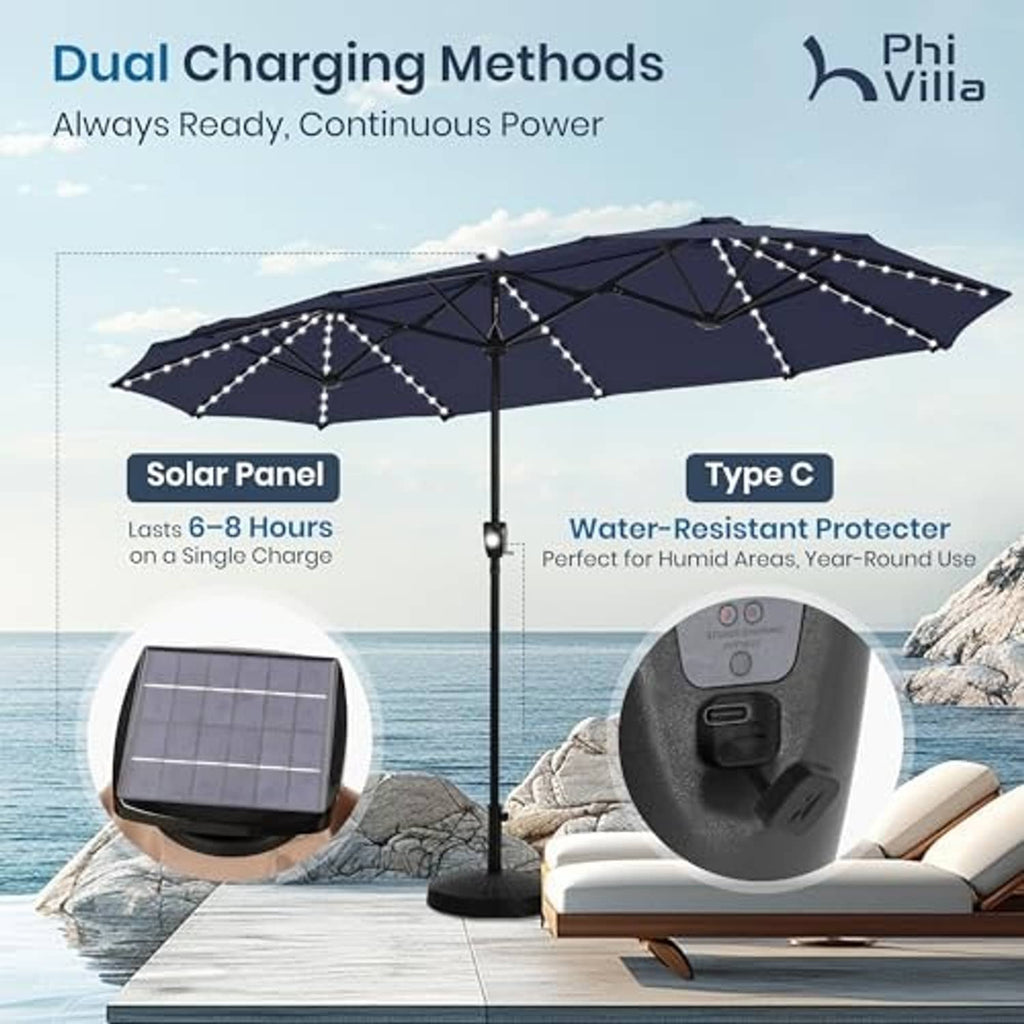 Navy patio umbrella with solar LED lights and a solar panel charging setup