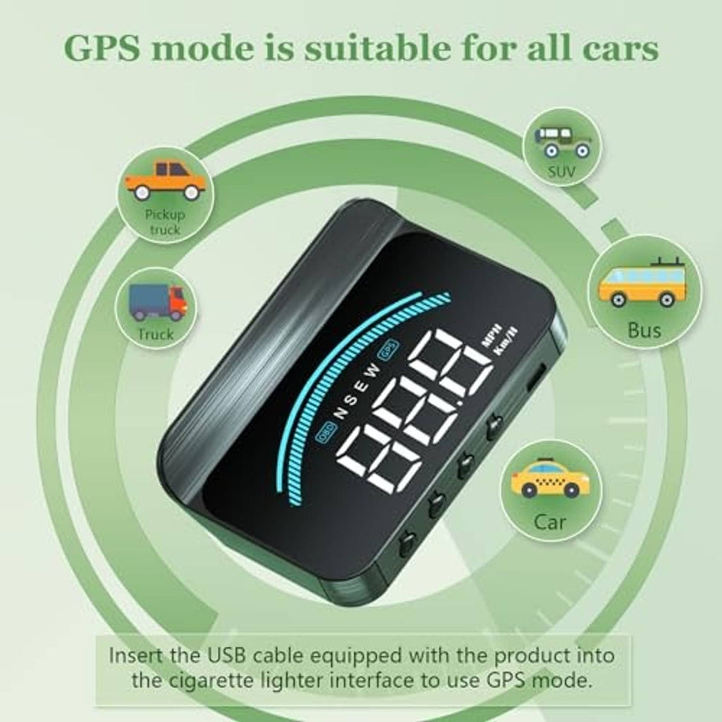 Black universal car heads-up display with blue arc and large digital speed readout
