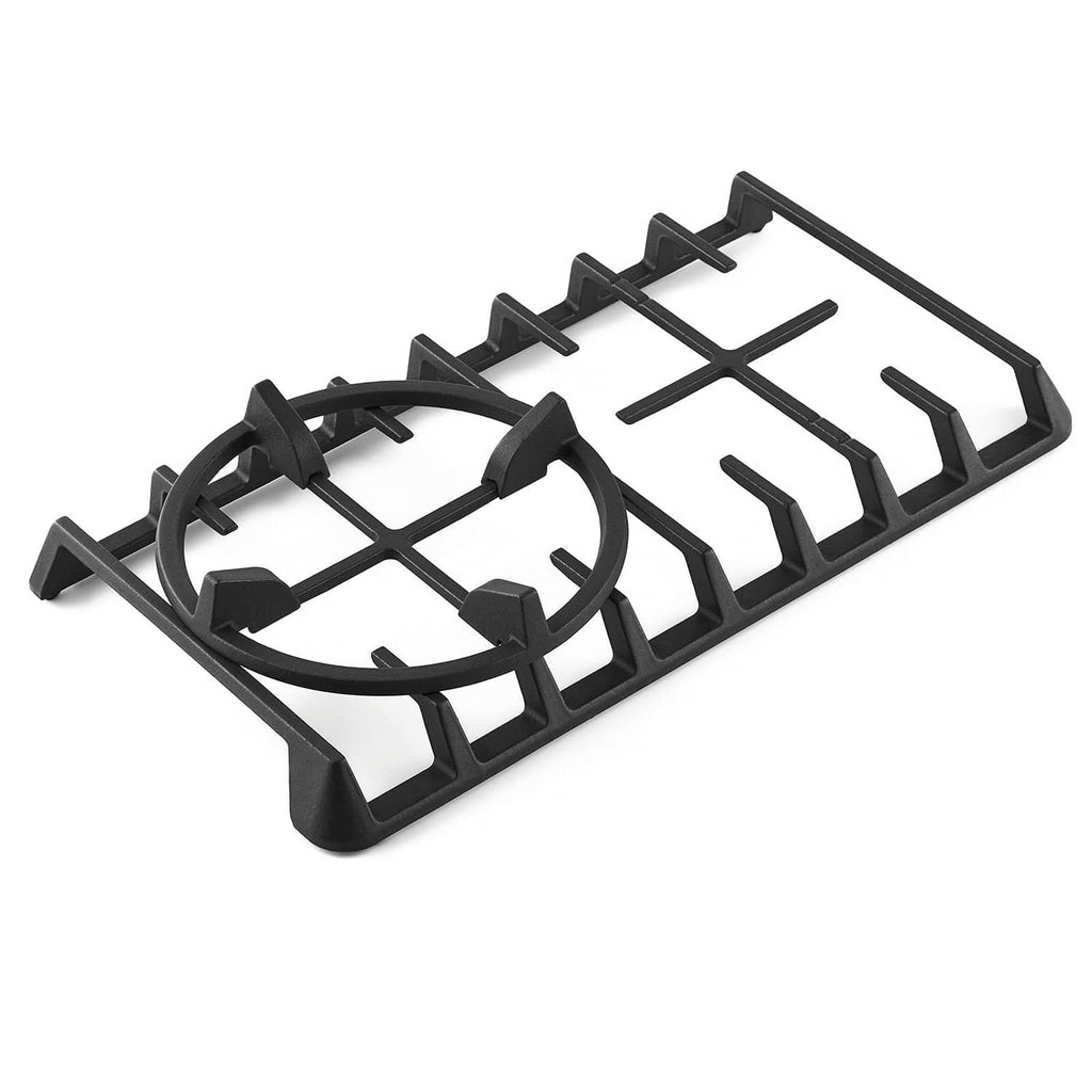 Black cast iron wok ring shown with grill grate support legs, angled