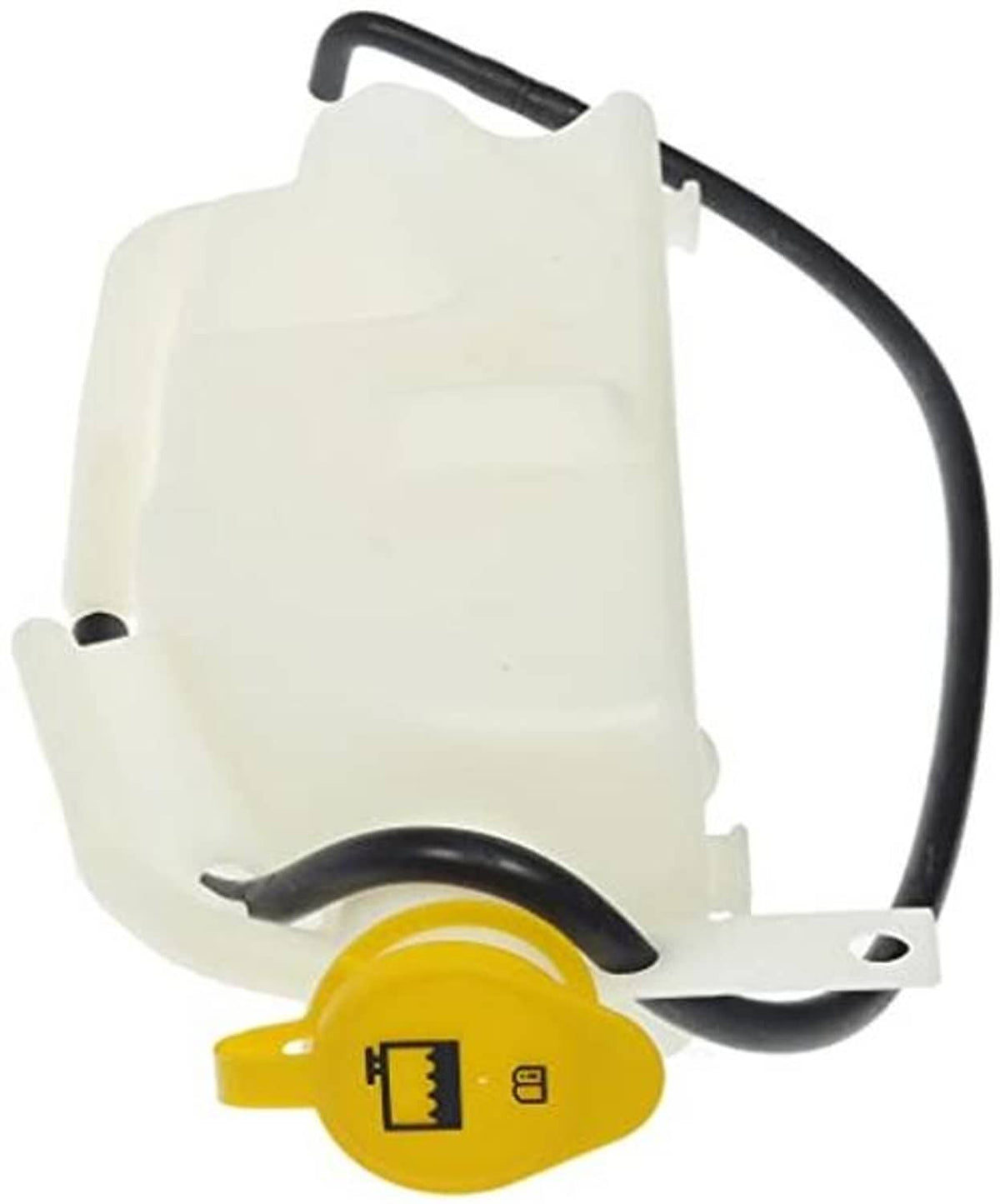 Coolant reservoir with white tank, black hose, and yellow cap with markings