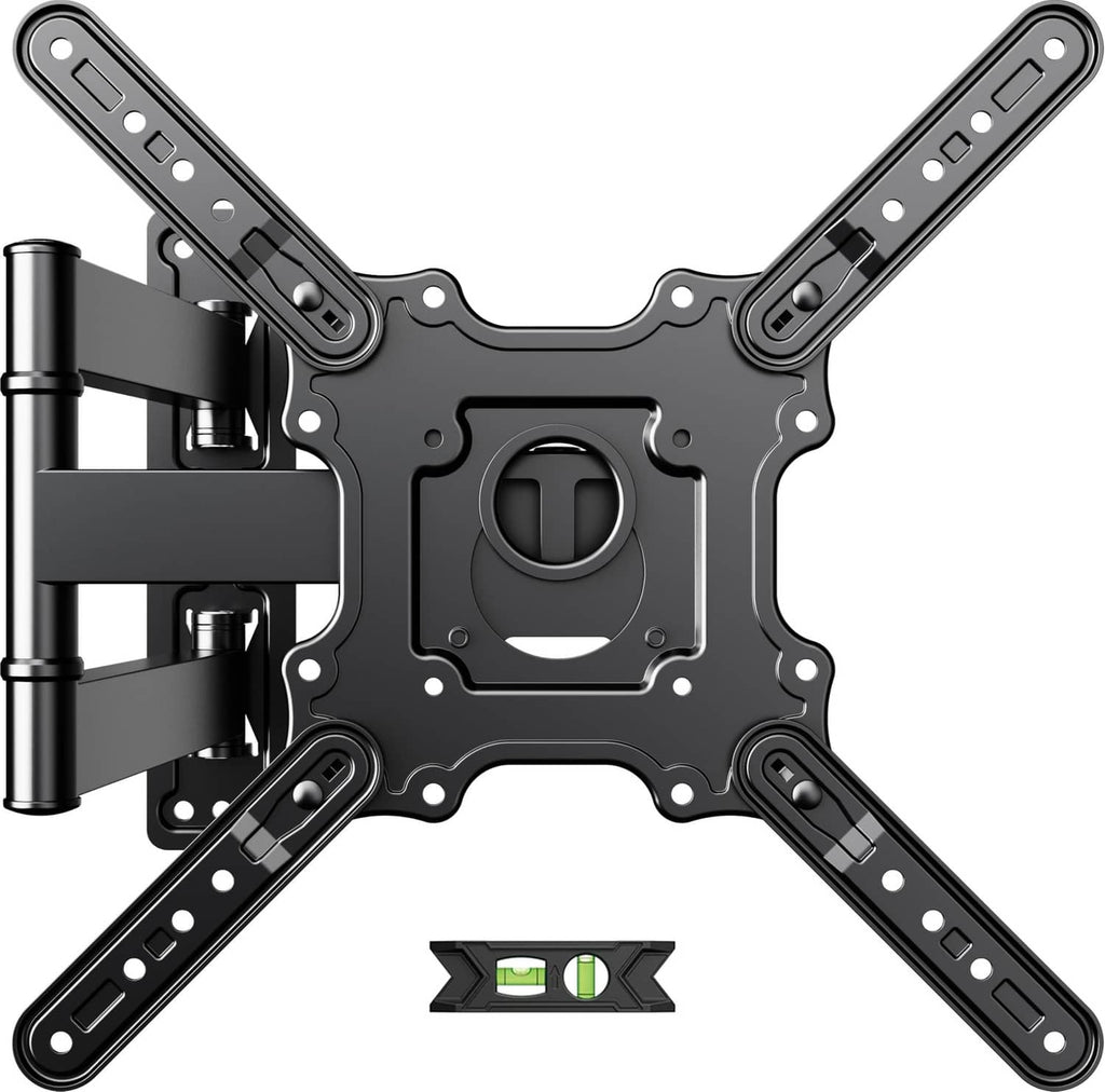Black single-stud TV wall mount bracket with four mounting arms