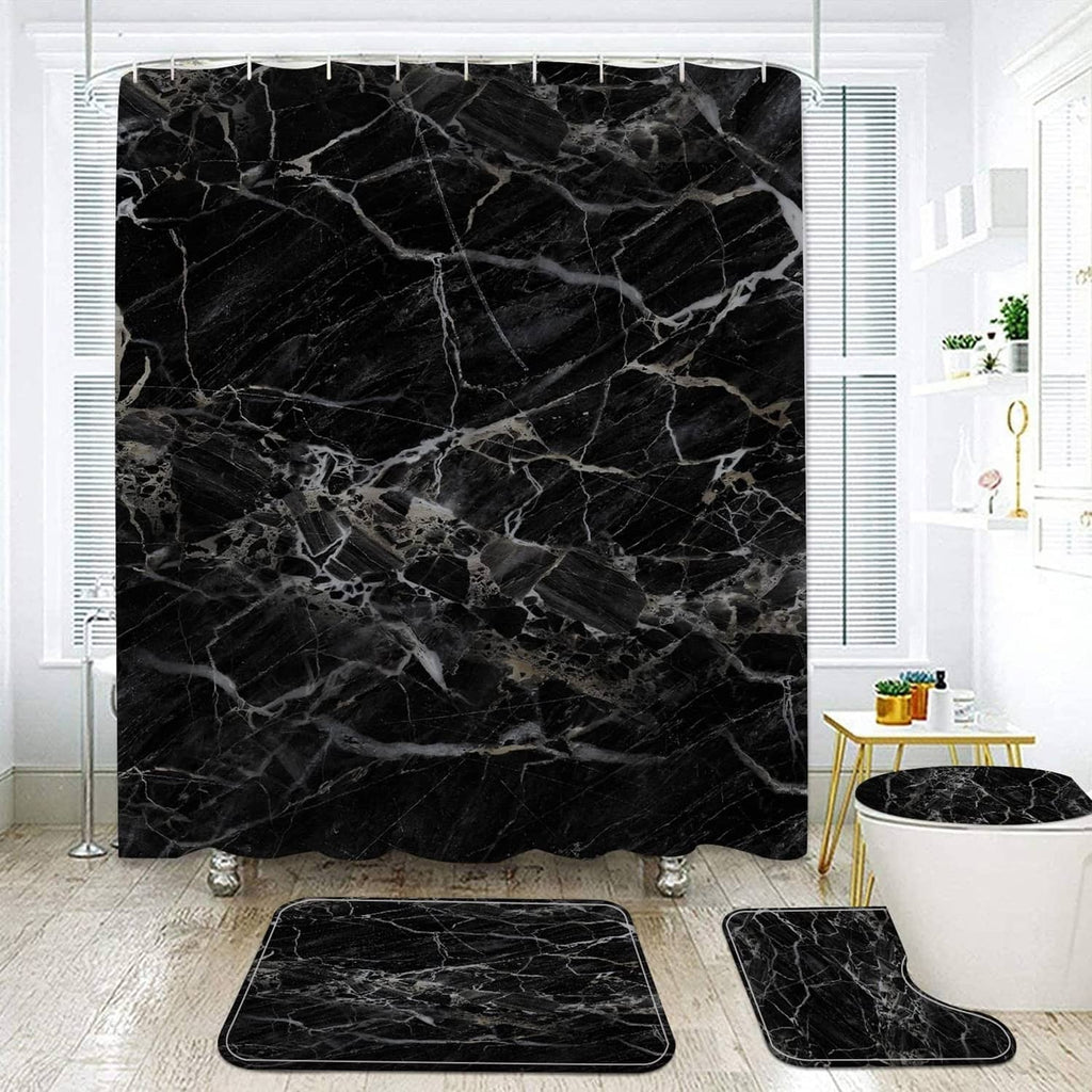 Black marble shower curtain with matching bath rugs in a modern bathroom