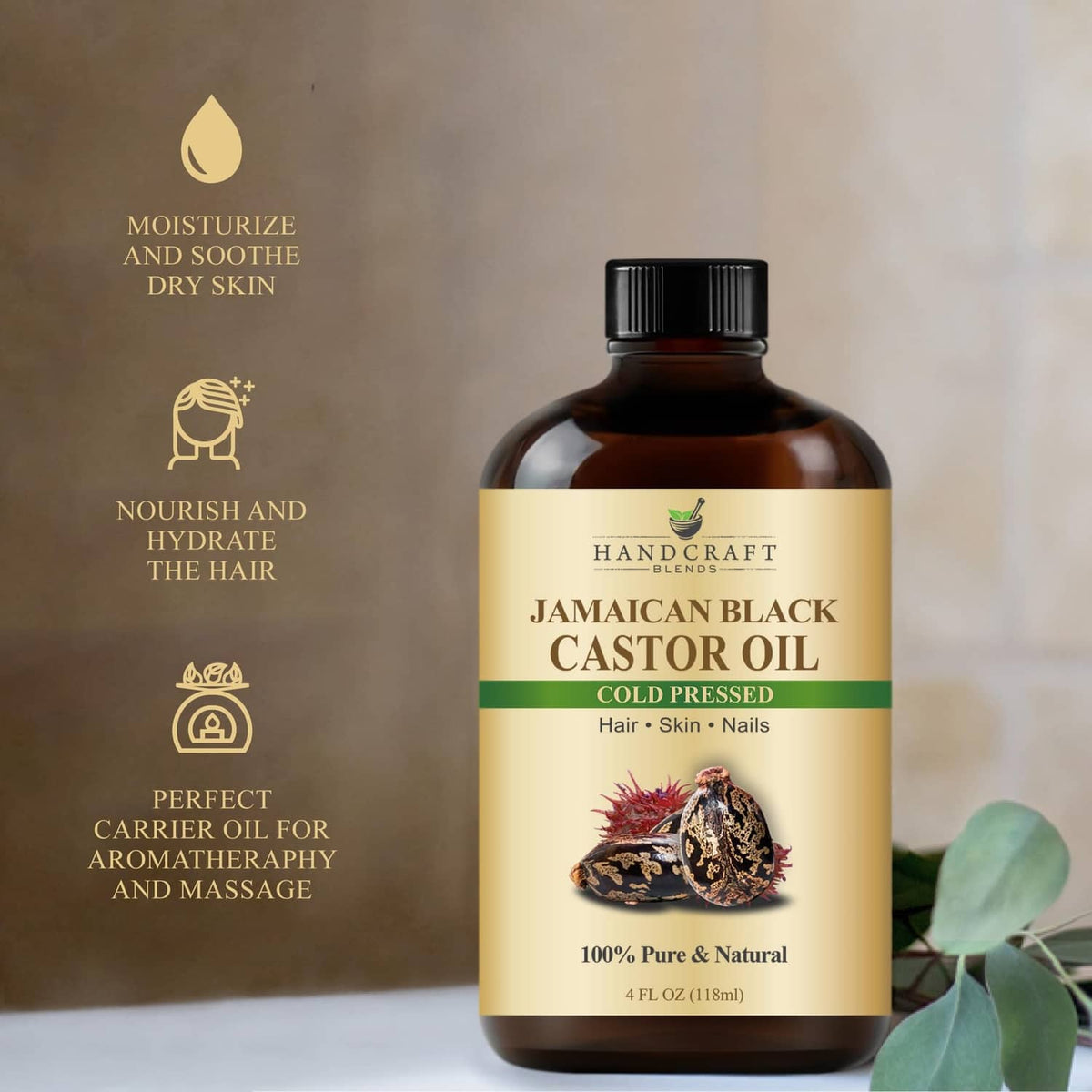 Cold-pressed Jamaican black castor oil bottle with moisturizing and scalp health icon labels