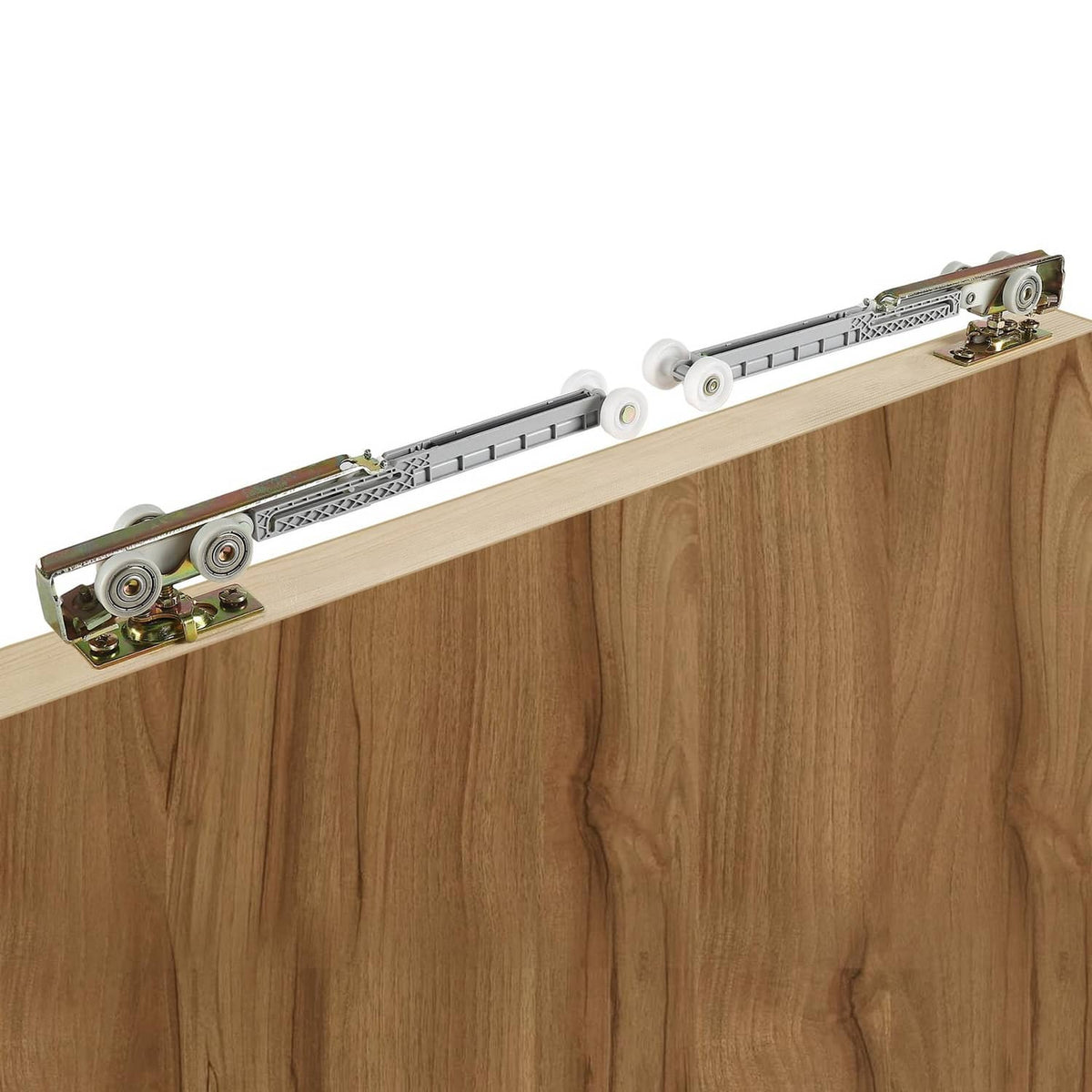 Bi-direction pocket door hanger kit with dual wheels mounted on a wooden door edge