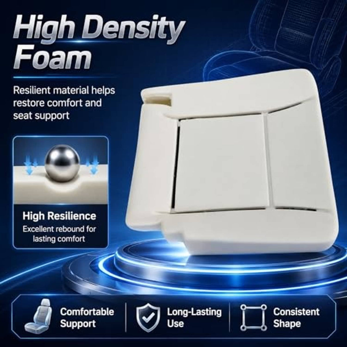 White high-density driver-side seat bottom foam cushion with black support insert