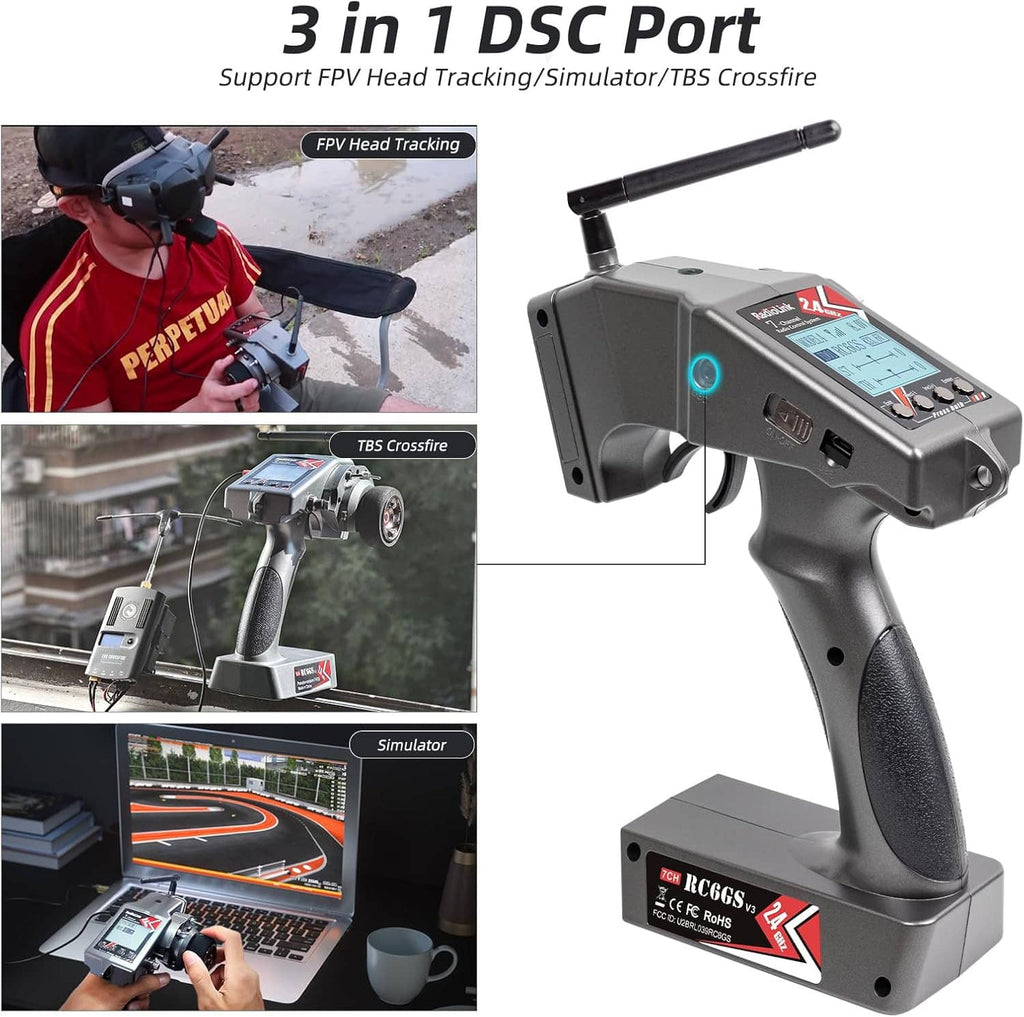 RC transmitter with LCD screen and antenna, featuring front 3-in-1 DSC port area