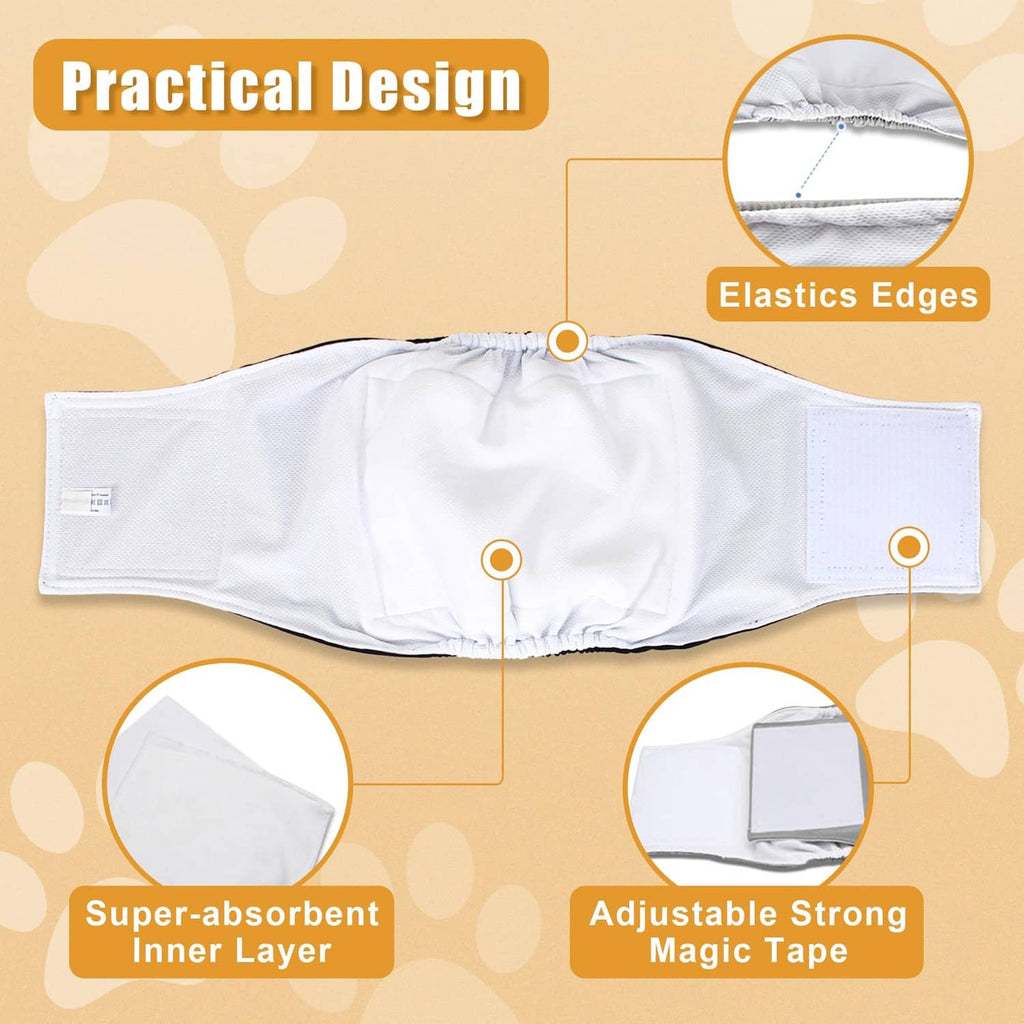 White reusable dog belly band with elastic edges and square hook-and-loop patch