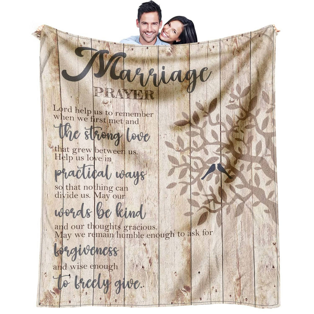 Beige marriage prayer throw blanket with couple photo, “Marriage Prayer” text, and leaf print