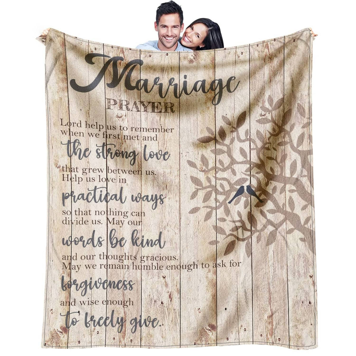 Beige marriage prayer throw blanket with couple photo, “Marriage Prayer” text, and leaf print