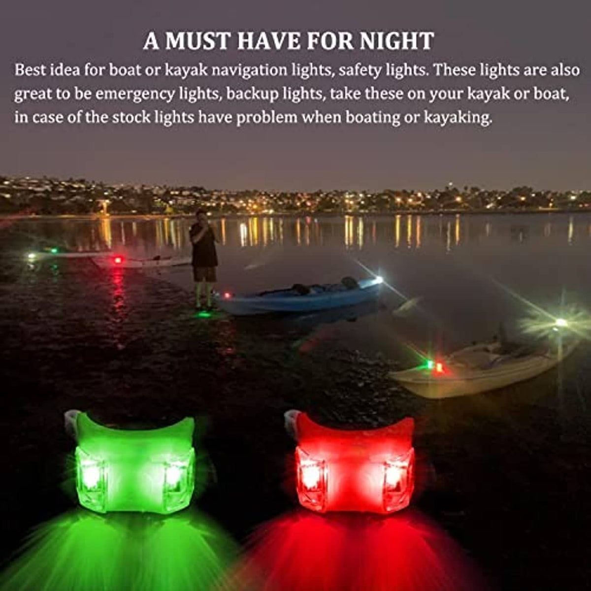 Glowing green and red LED bow navigation lights for kayak, bright at night