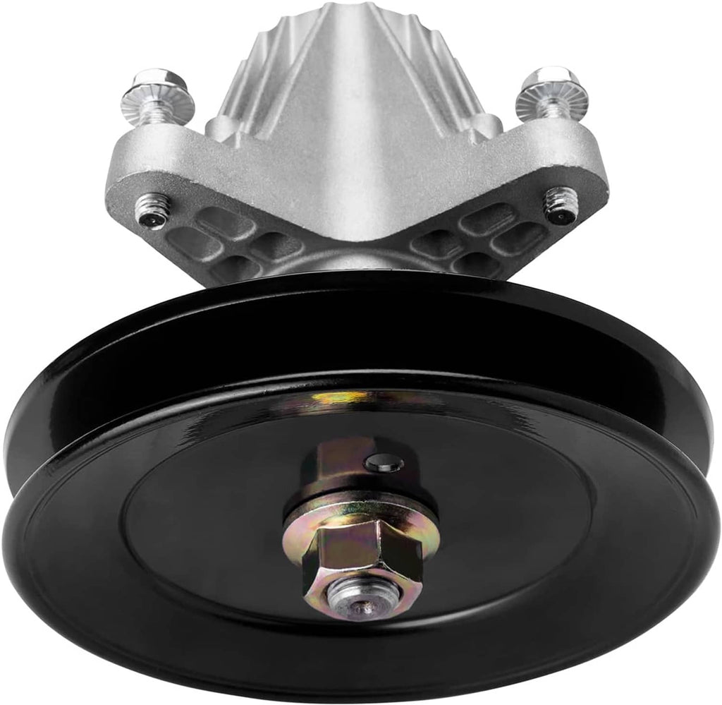 Lawn mower deck spindle assembly side view with pulley and mounting bracket