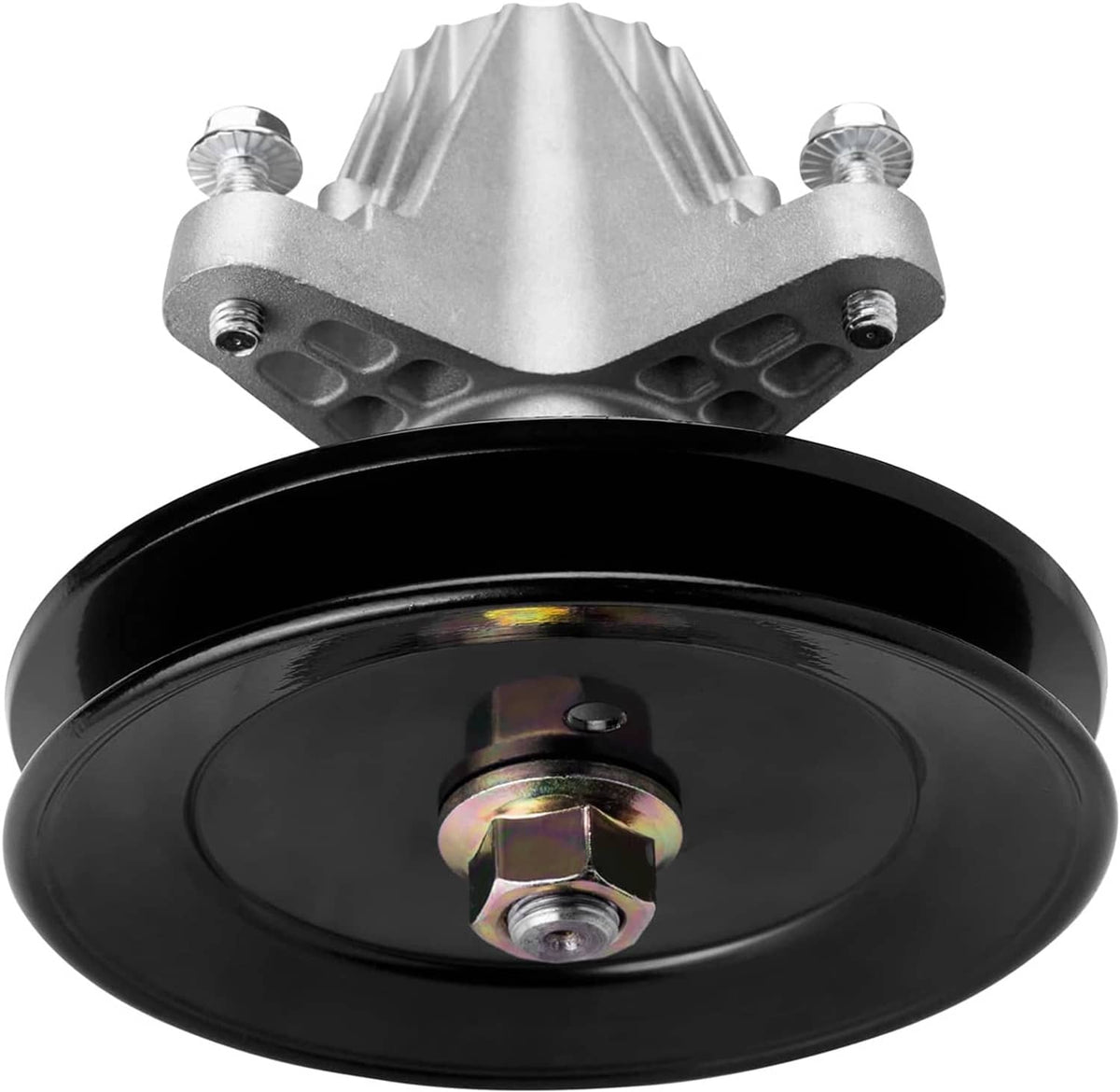Lawn mower deck spindle assembly side view with pulley and mounting bracket